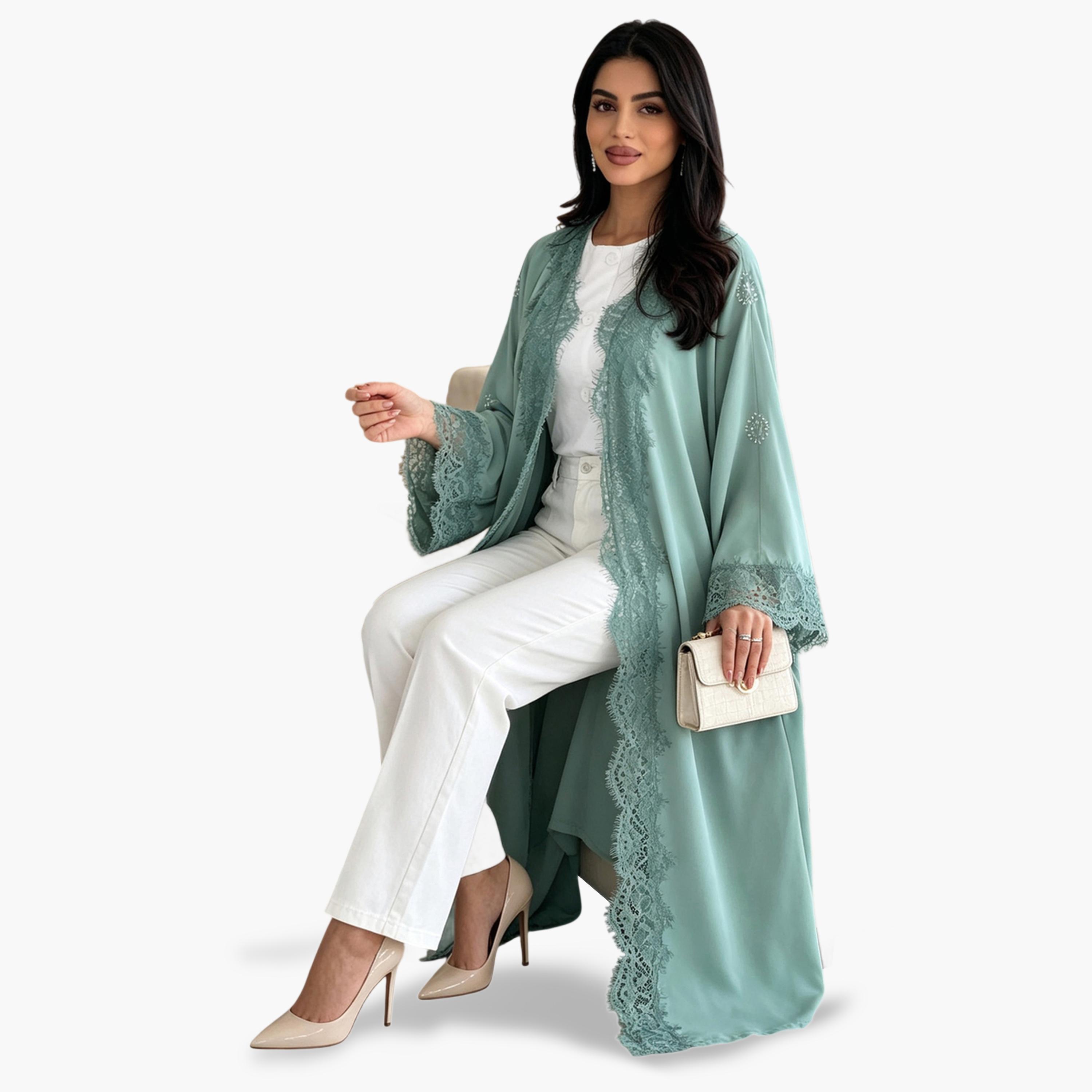 عباية بحواف دانتيل سادة بلون أخضر نعناعي-women-arabicclothing-abayas-image-2