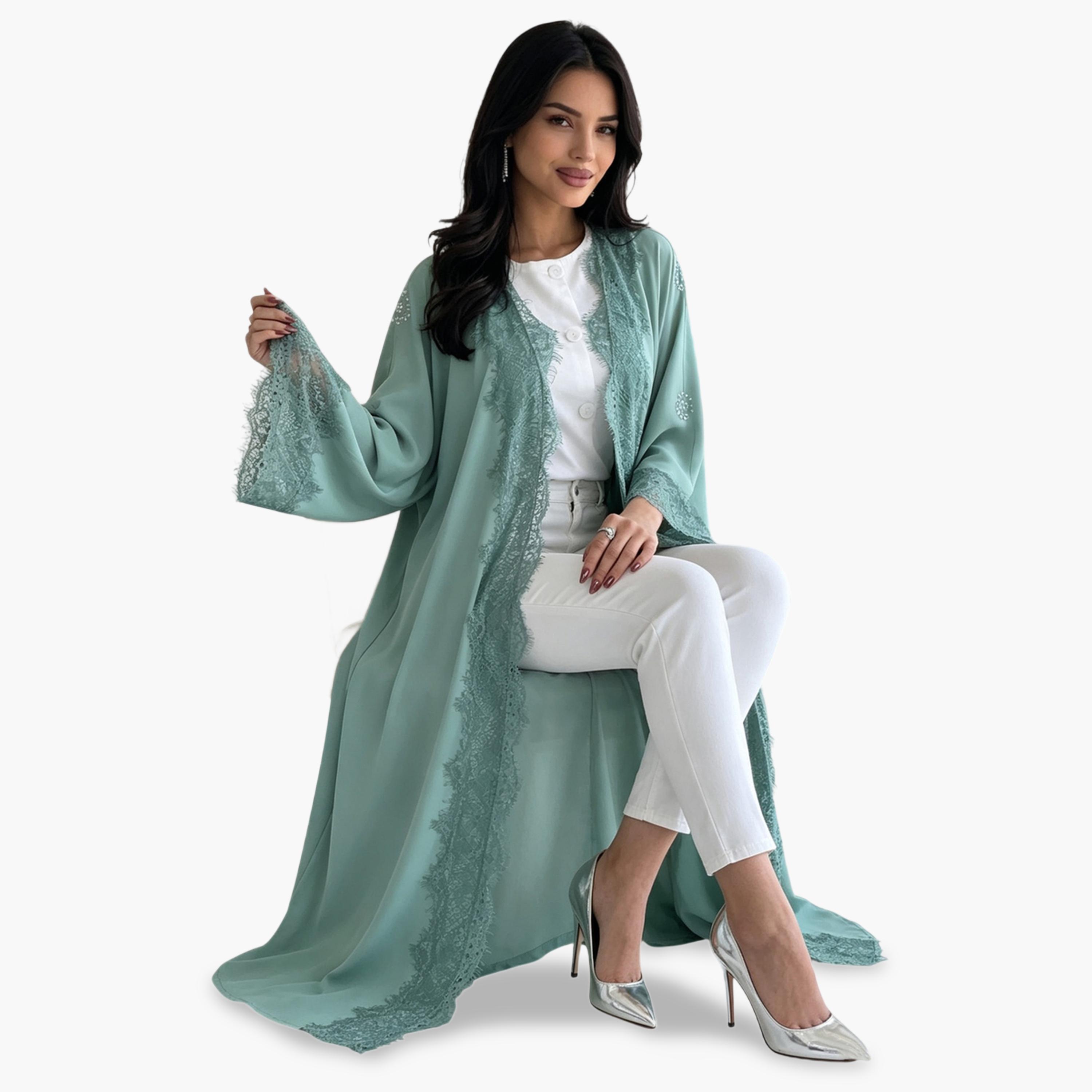 عباية بحواف دانتيل سادة بلون أخضر نعناعي-women-arabicclothing-abayas-image-3