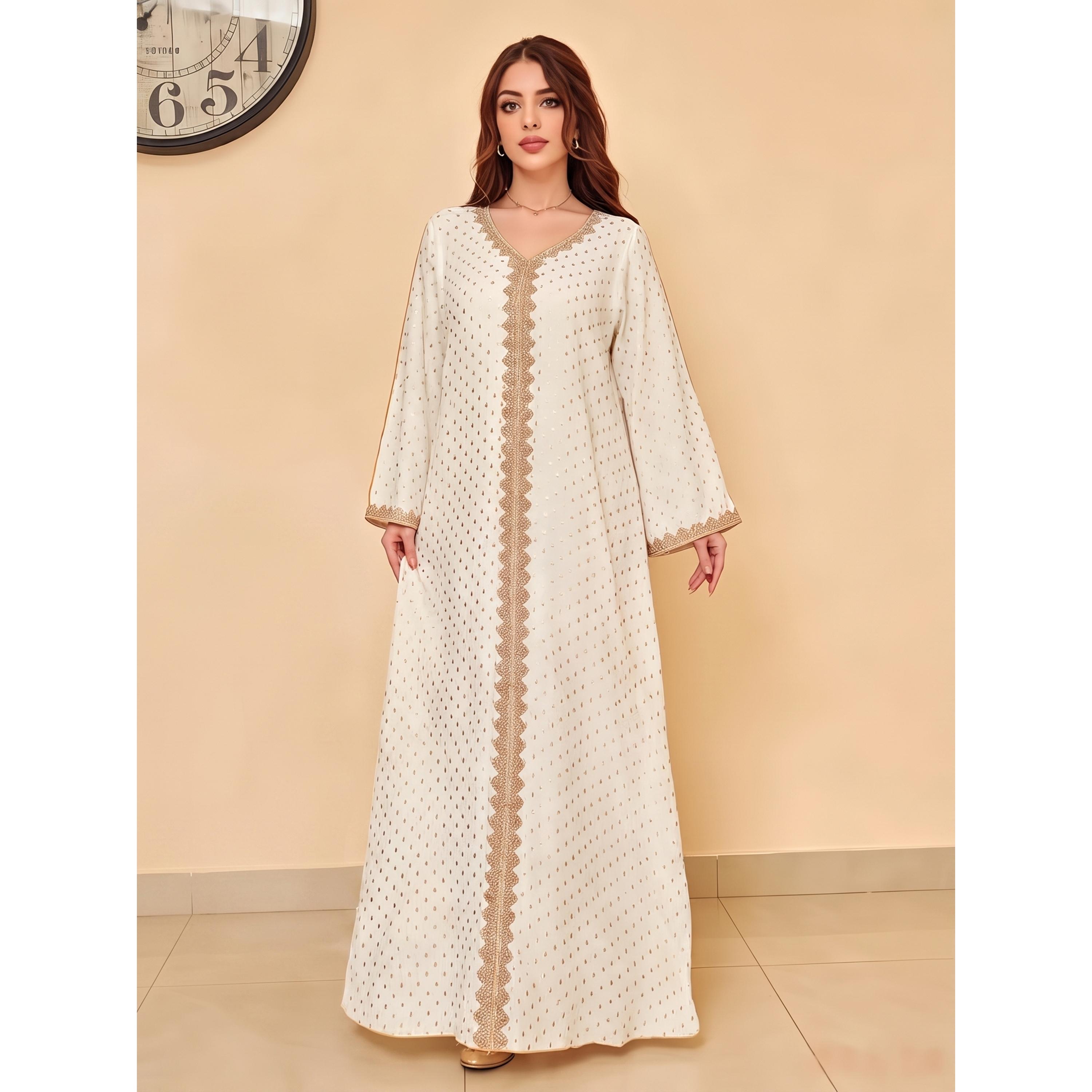 Take Two White Printed V Neck A-Line Jalabiya-women-arabicclothing-jalabiyas-image-1