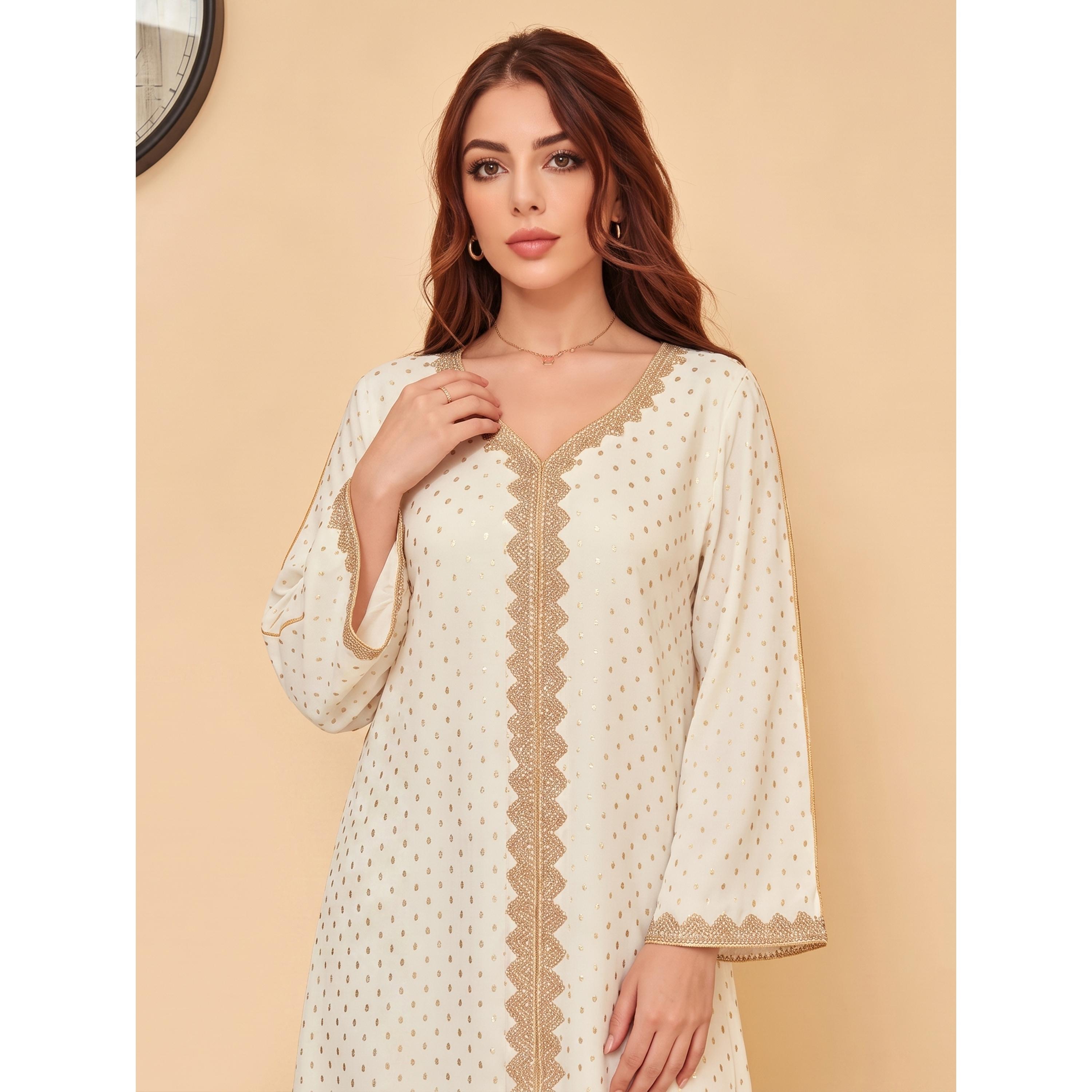 Take Two White Printed V Neck A-Line Jalabiya-women-arabicclothing-jalabiyas-image-3