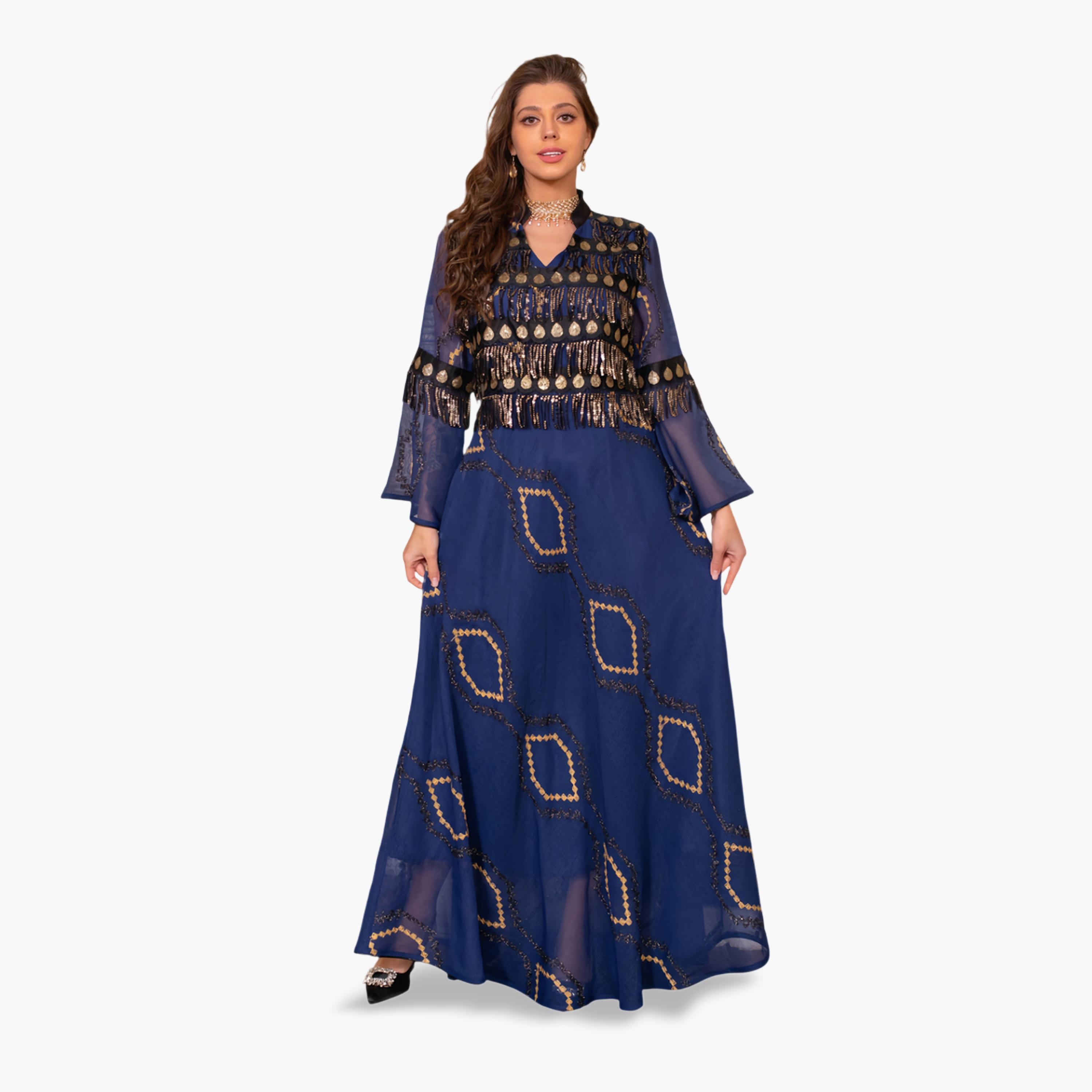 Take Two Blue A-Line Jalabiya Dress with Gold Embellishment-women-arabicclothing-jalabiyas-image-1