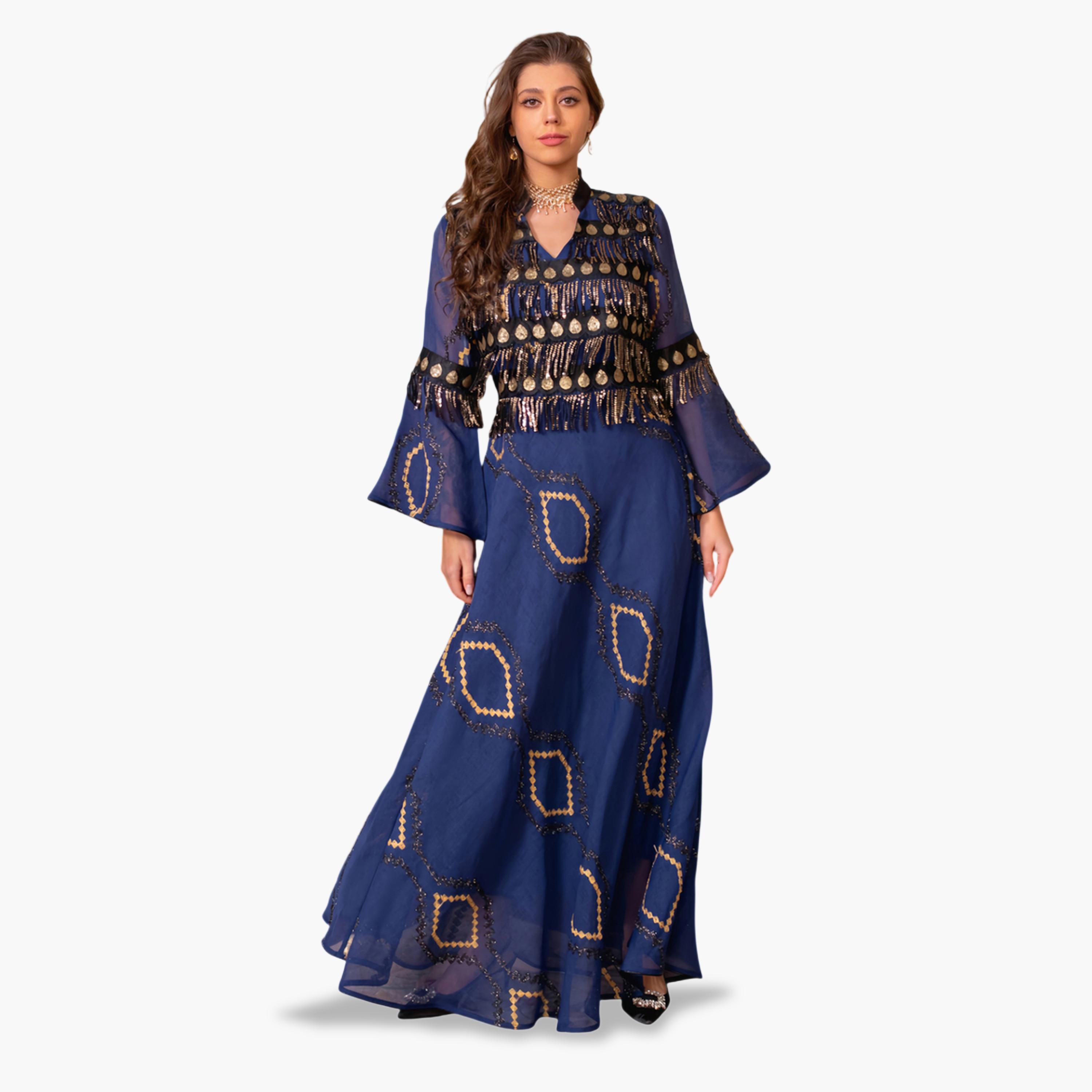 Take Two Blue A-Line Jalabiya Dress with Gold Embellishment-women-arabicclothing-jalabiyas-image-2