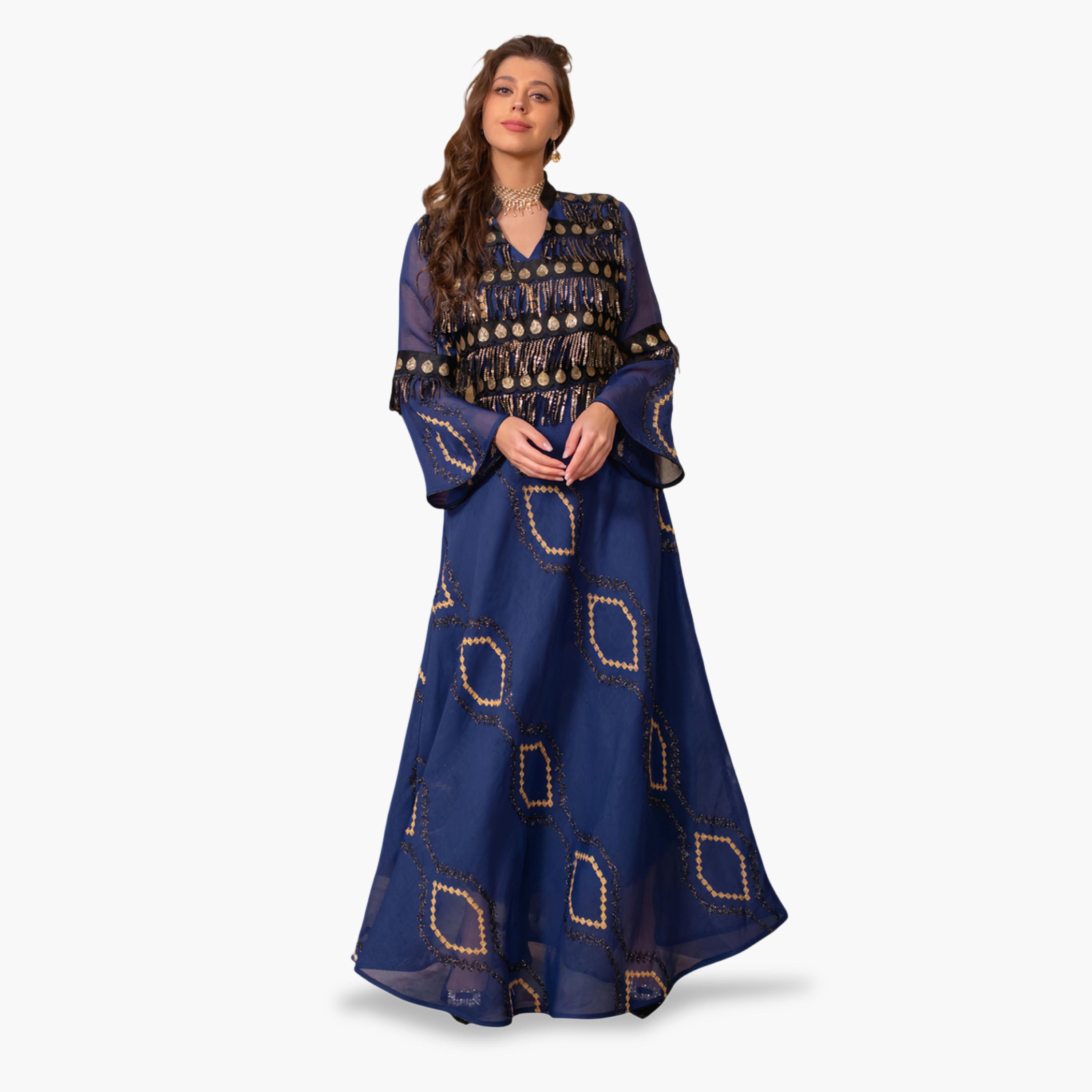 Take Two Blue A-Line Jalabiya Dress with Gold Embellishment-women-arabicclothing-jalabiyas-image-3