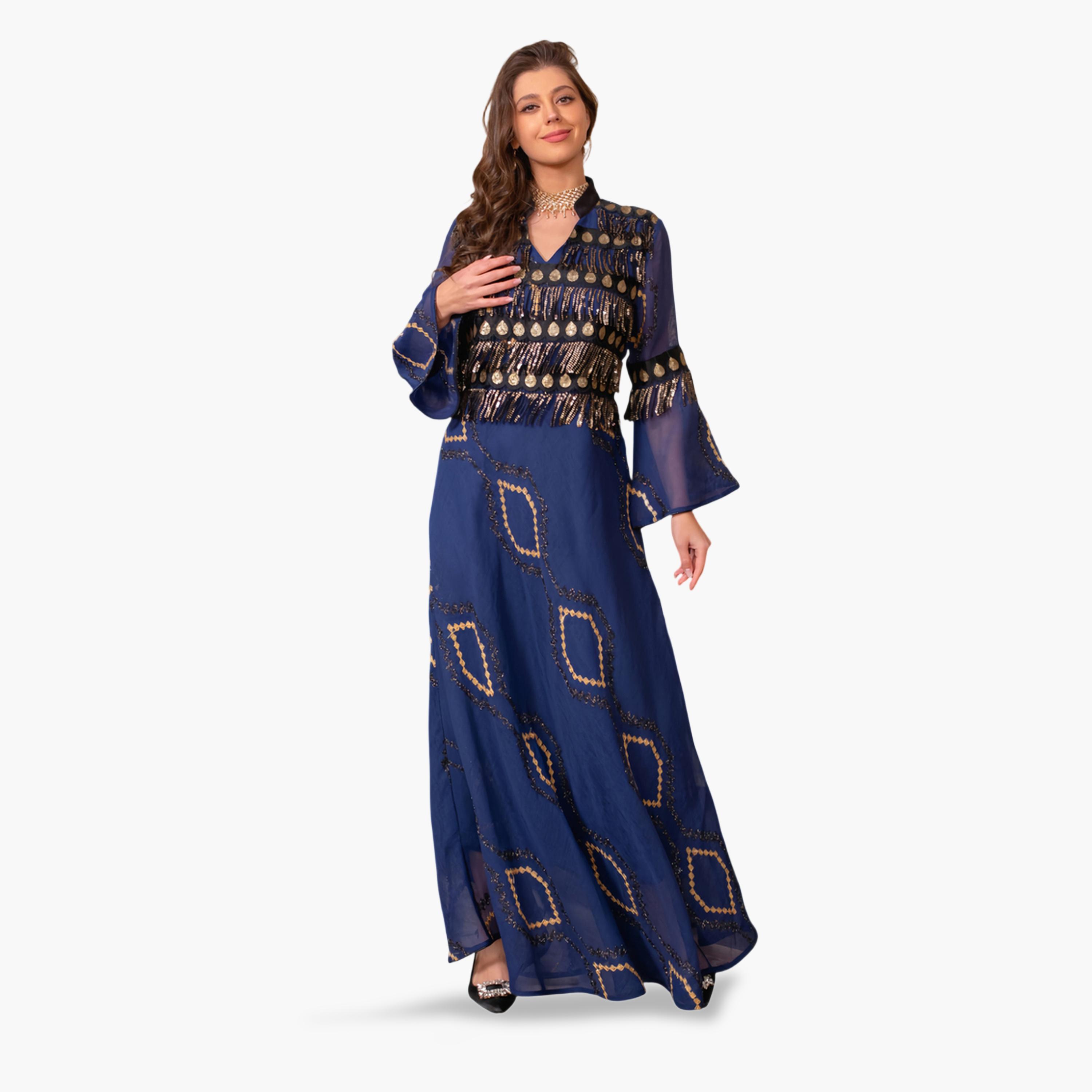 Take Two Blue A-Line Jalabiya Dress with Gold Embellishment-women-arabicclothing-jalabiyas-image-4