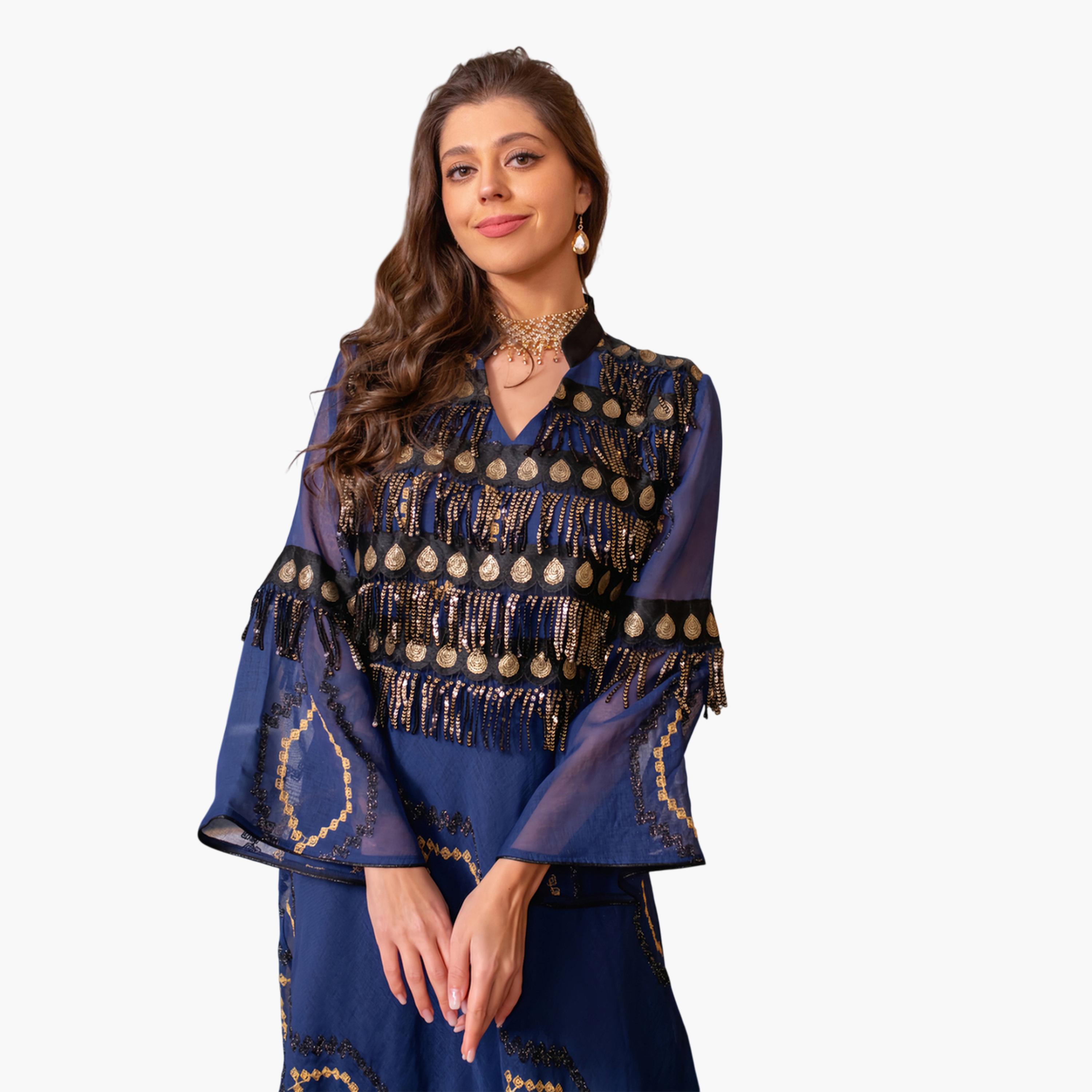 Take Two Blue A-Line Jalabiya Dress with Gold Embellishment-women-arabicclothing-jalabiyas-image-5