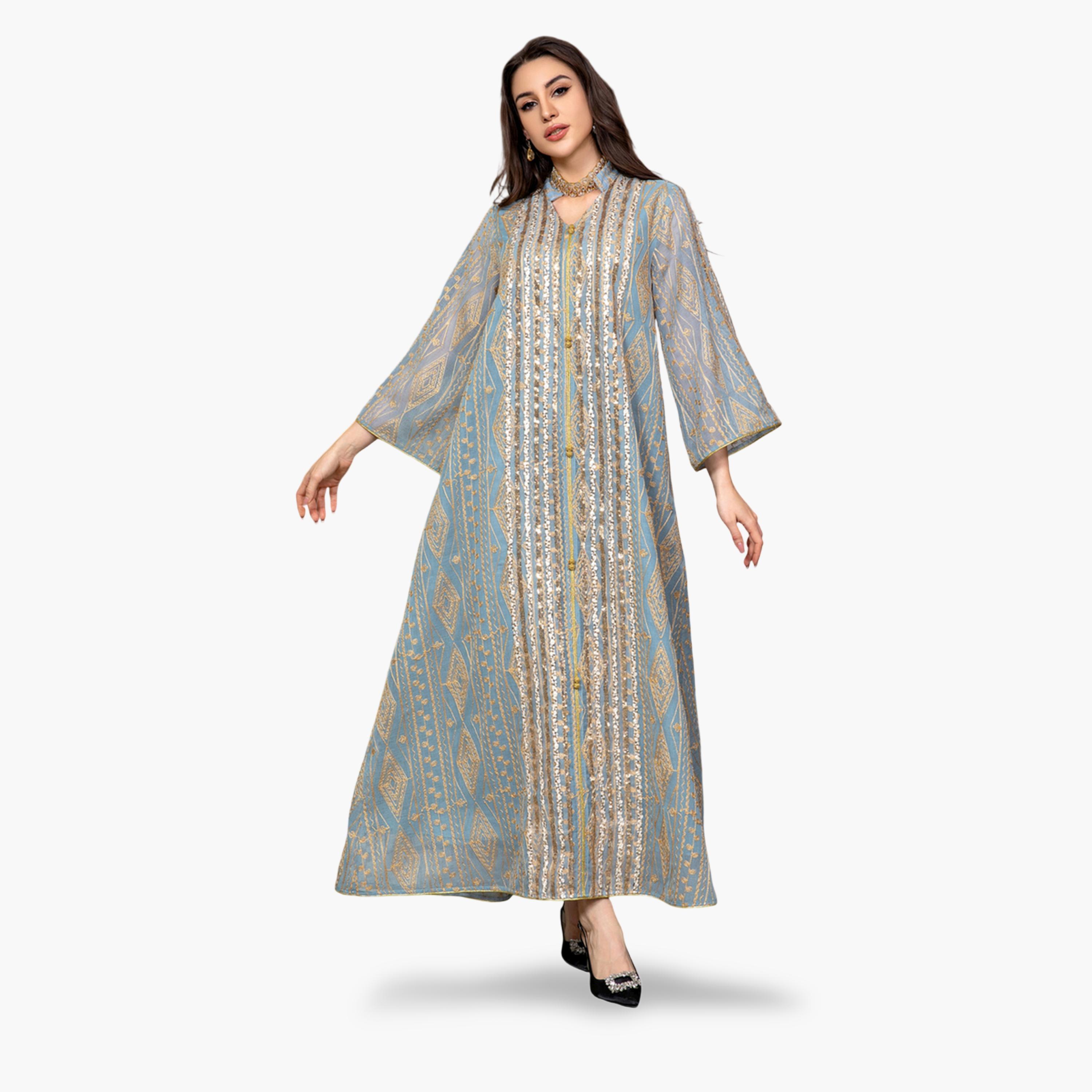 جلابية بحافة واسعة ومطرزة باللون الأزرق التيل-women-arabicclothing-jalabiyas-image-1
