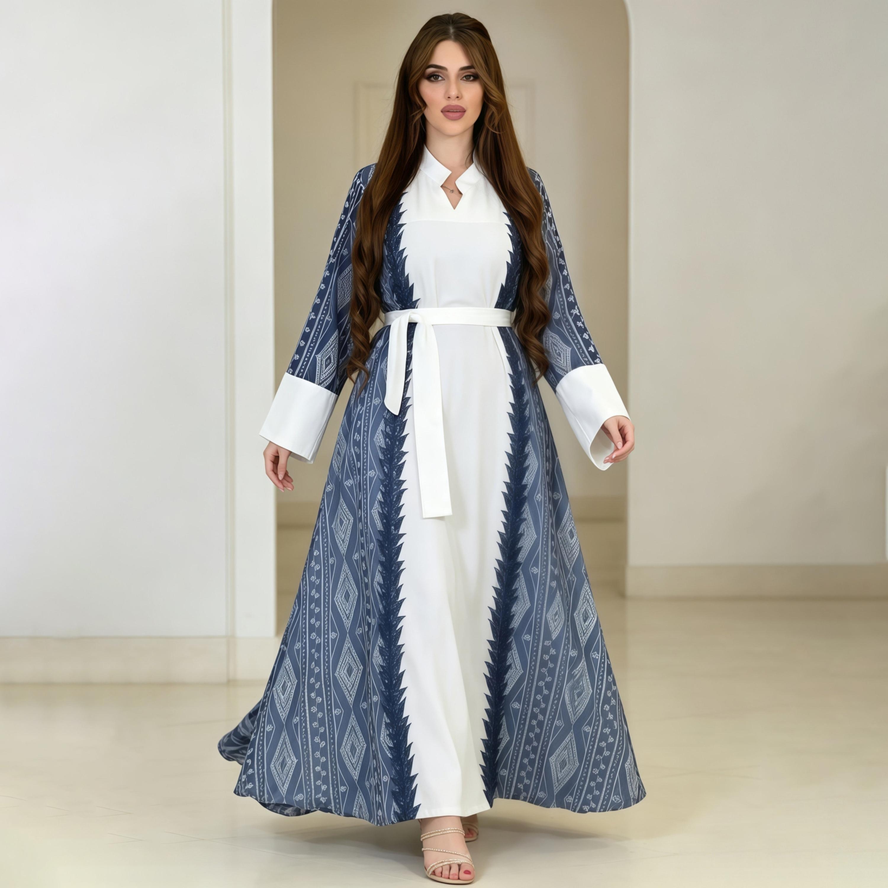 Take Two Blue and White Printed Ankle-Length Jalabiya-women-arabicclothing-jalabiyas-image-1