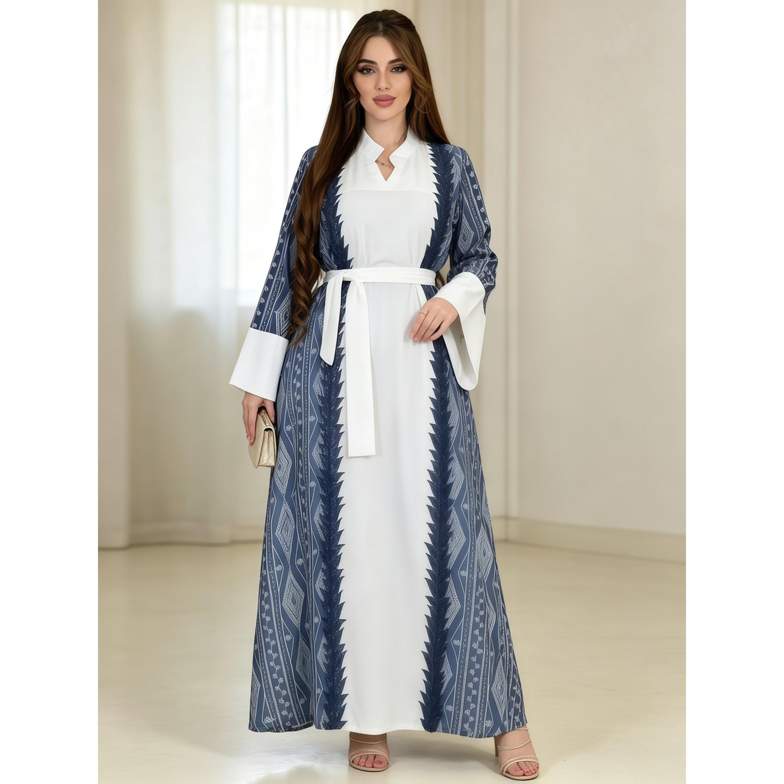 Take Two Blue and White Printed Ankle-Length Jalabiya-women-arabicclothing-jalabiyas-image-4