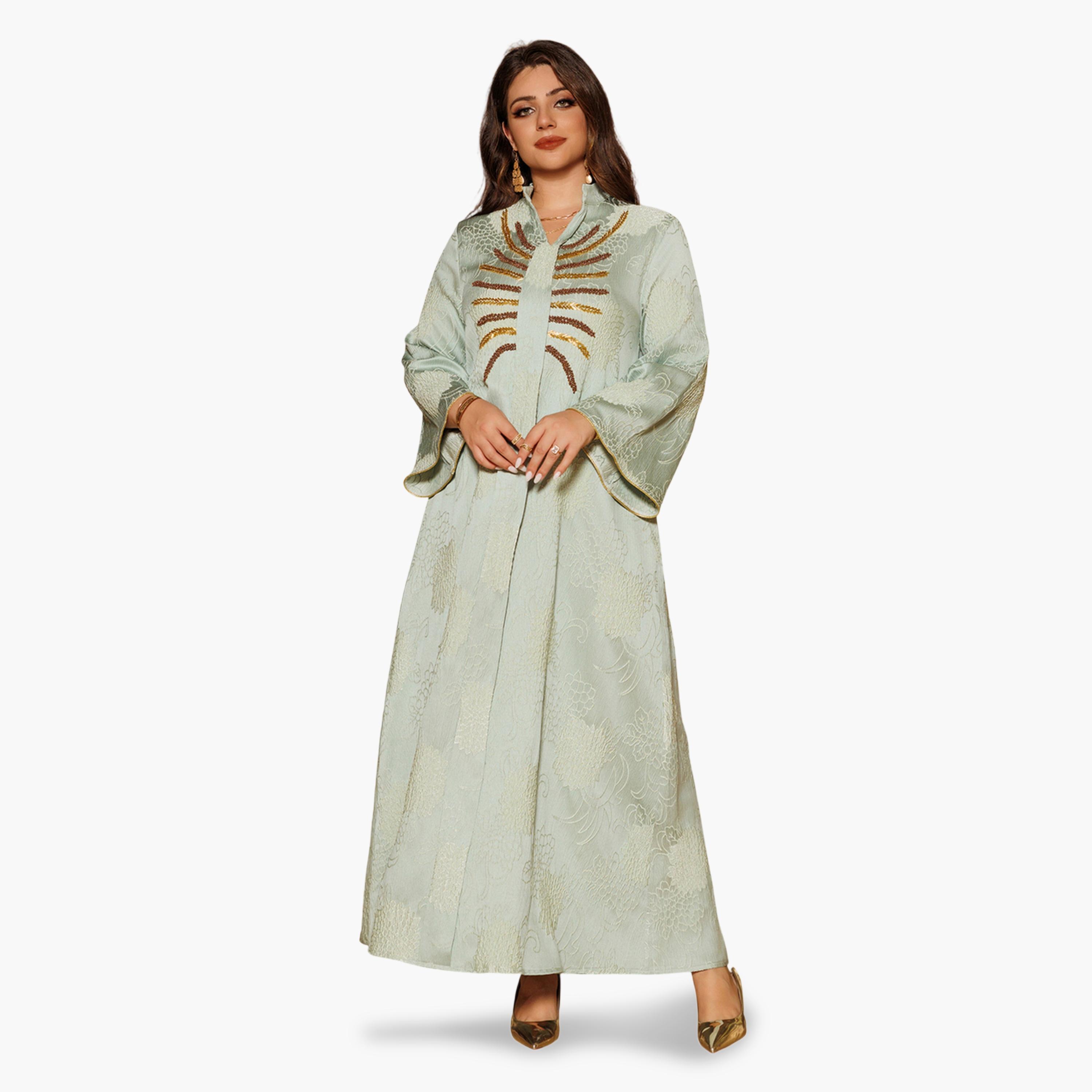 Take Two Teal Jacquard A-Line Jalabiya with Embellishments-women-arabicclothing-jalabiyas-image-1