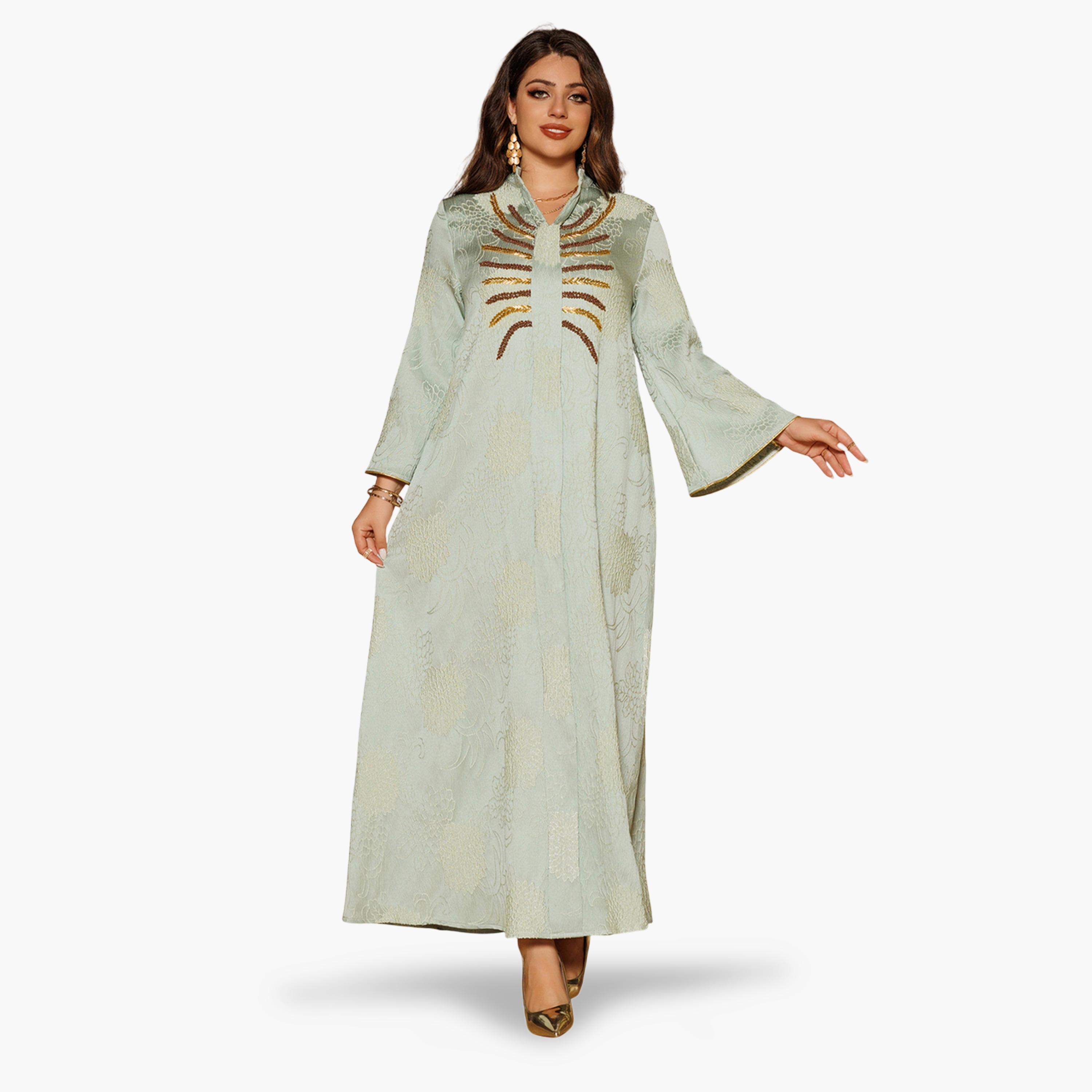 Take Two Teal Jacquard A-Line Jalabiya with Embellishments-women-arabicclothing-jalabiyas-image-2