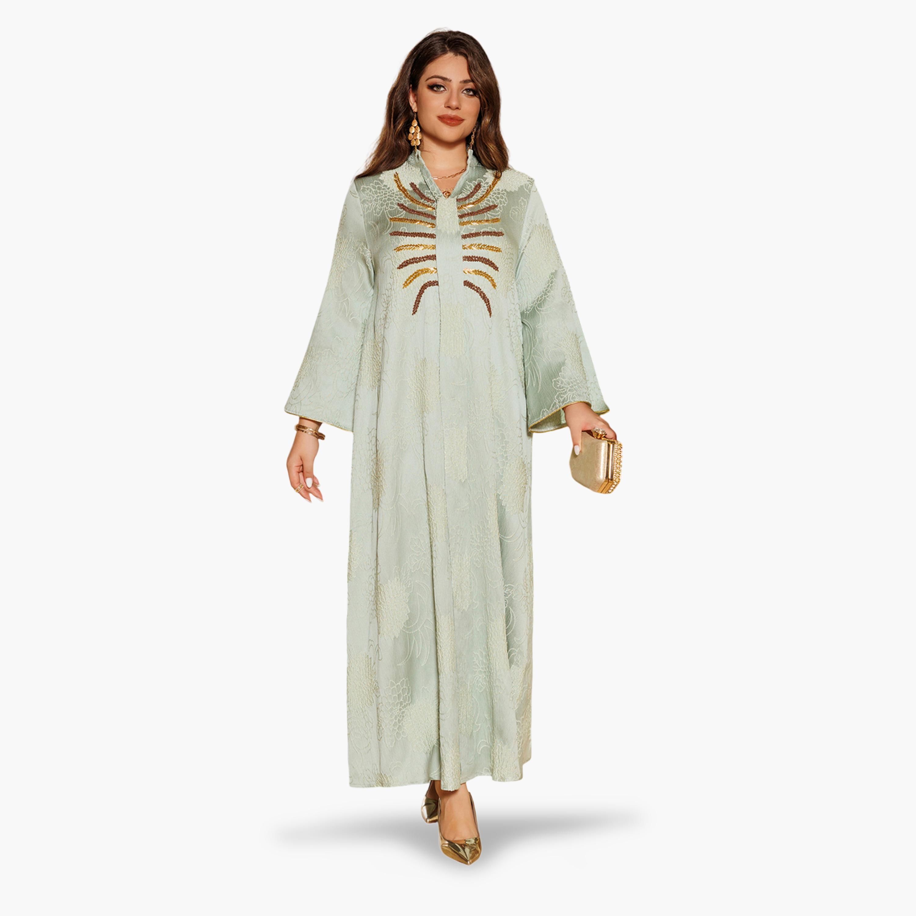 Take Two Teal Jacquard A-Line Jalabiya with Embellishments-women-arabicclothing-jalabiyas-image-3