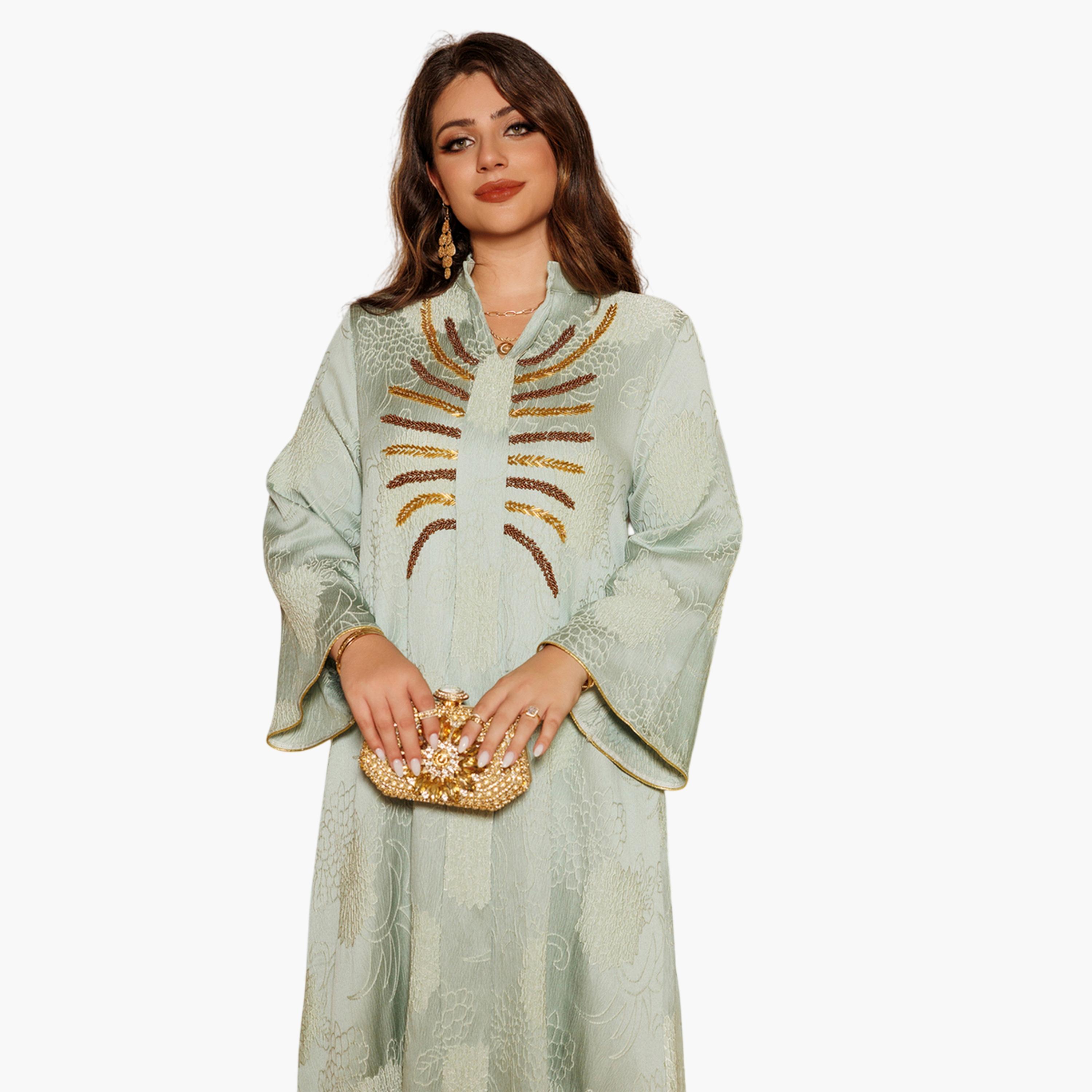 Take Two Teal Jacquard A-Line Jalabiya with Embellishments-women-arabicclothing-jalabiyas-image-4