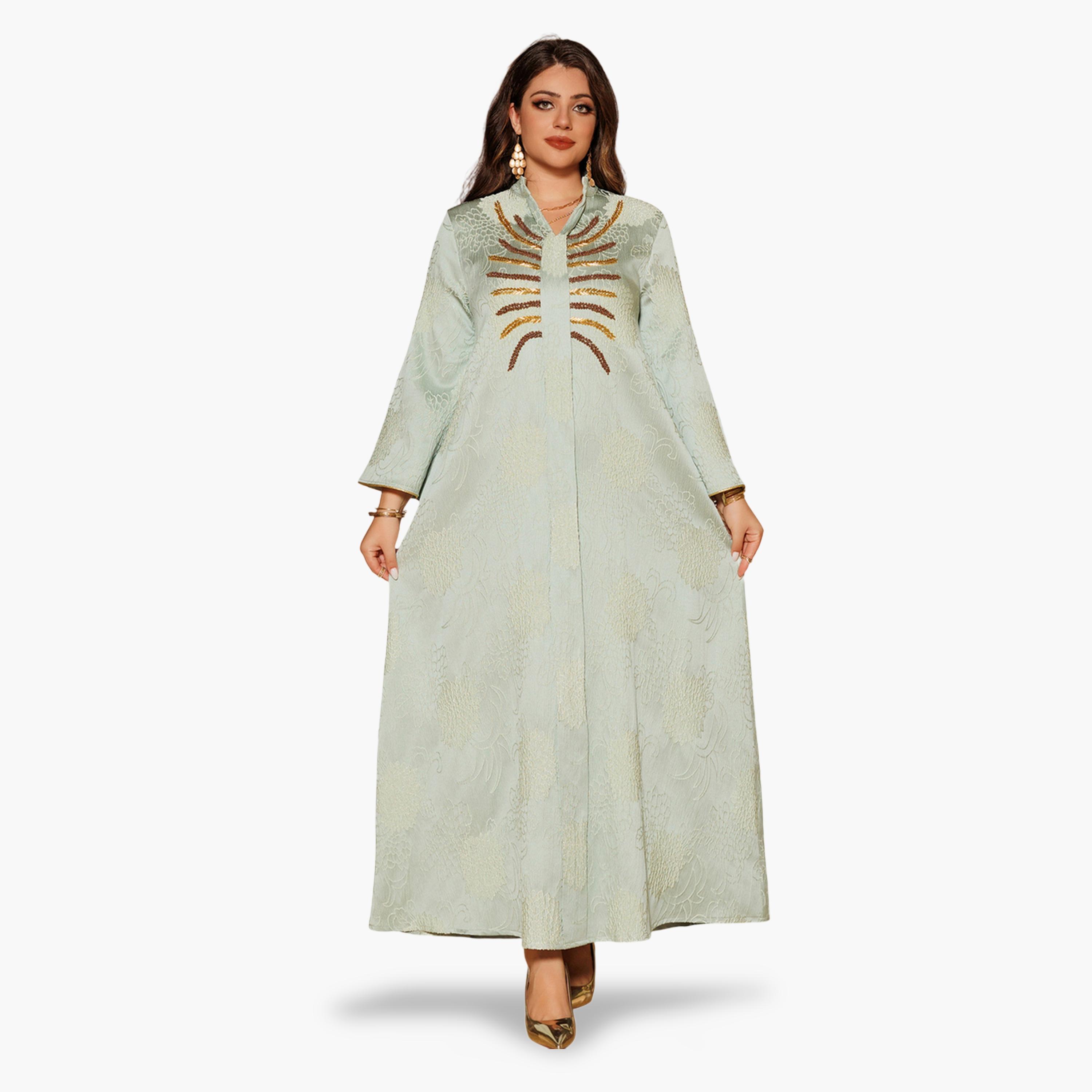 Take Two Teal Jacquard A-Line Jalabiya with Embellishments-women-arabicclothing-jalabiyas-image-5