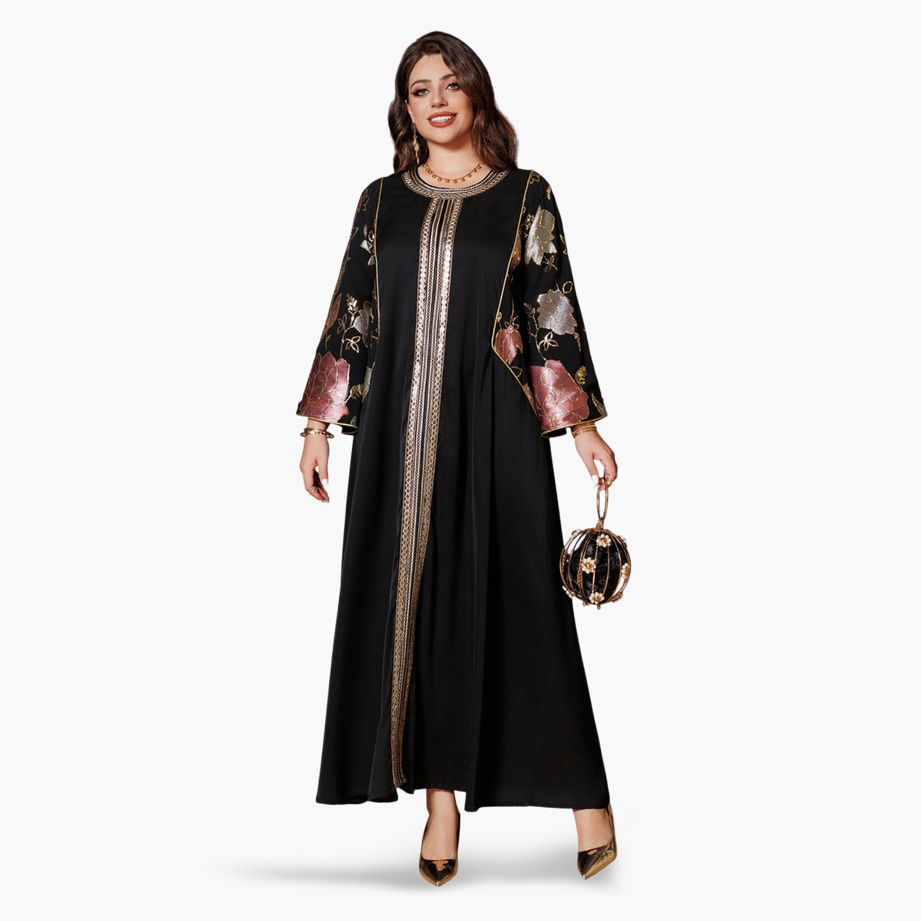 Take Two Black Round Neck Jalabiya with Sequin Embroidery-women-arabicclothing-jalabiyas-image-1