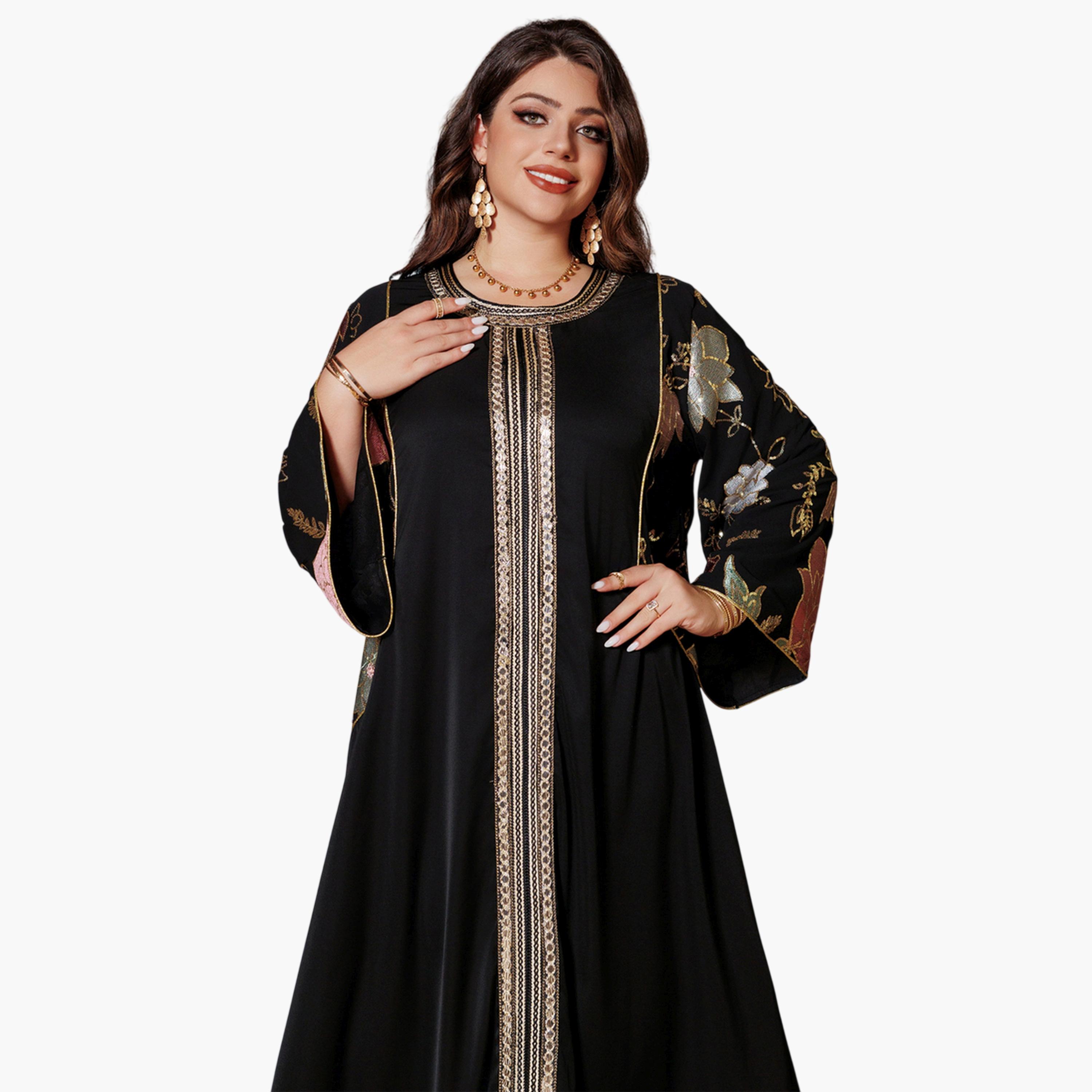 Take Two Black Round Neck Jalabiya with Sequin Embroidery-women-arabicclothing-jalabiyas-image-2