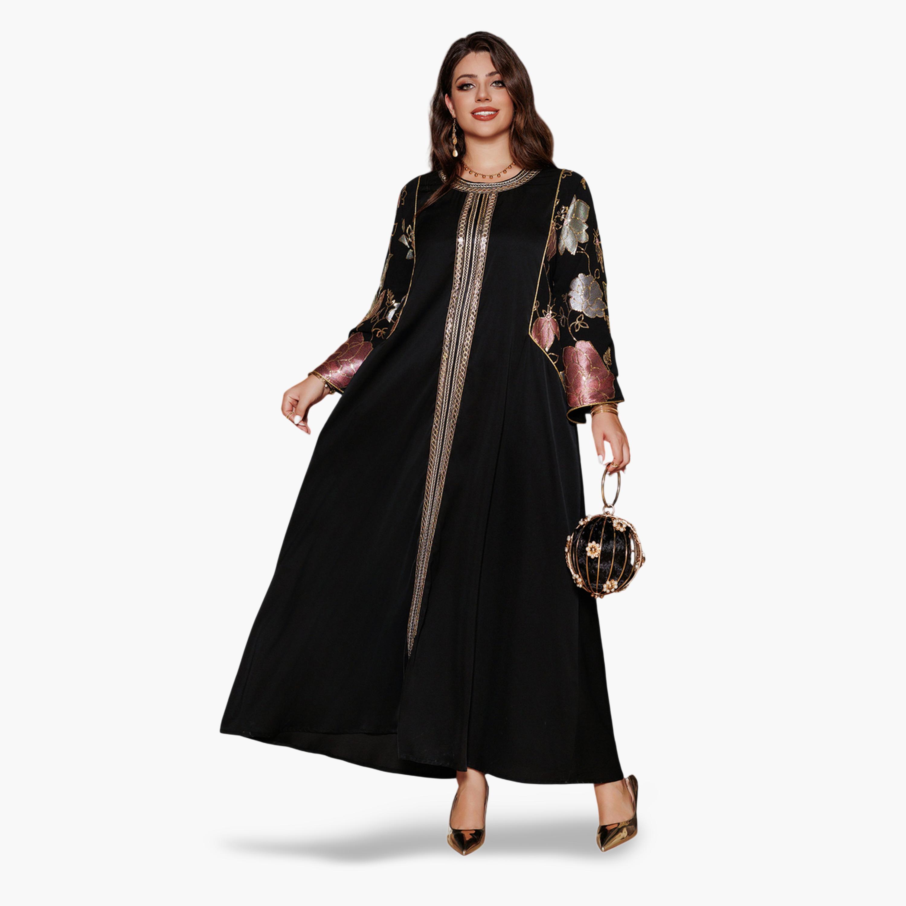 Take Two Black Round Neck Jalabiya with Sequin Embroidery-women-arabicclothing-jalabiyas-image-5