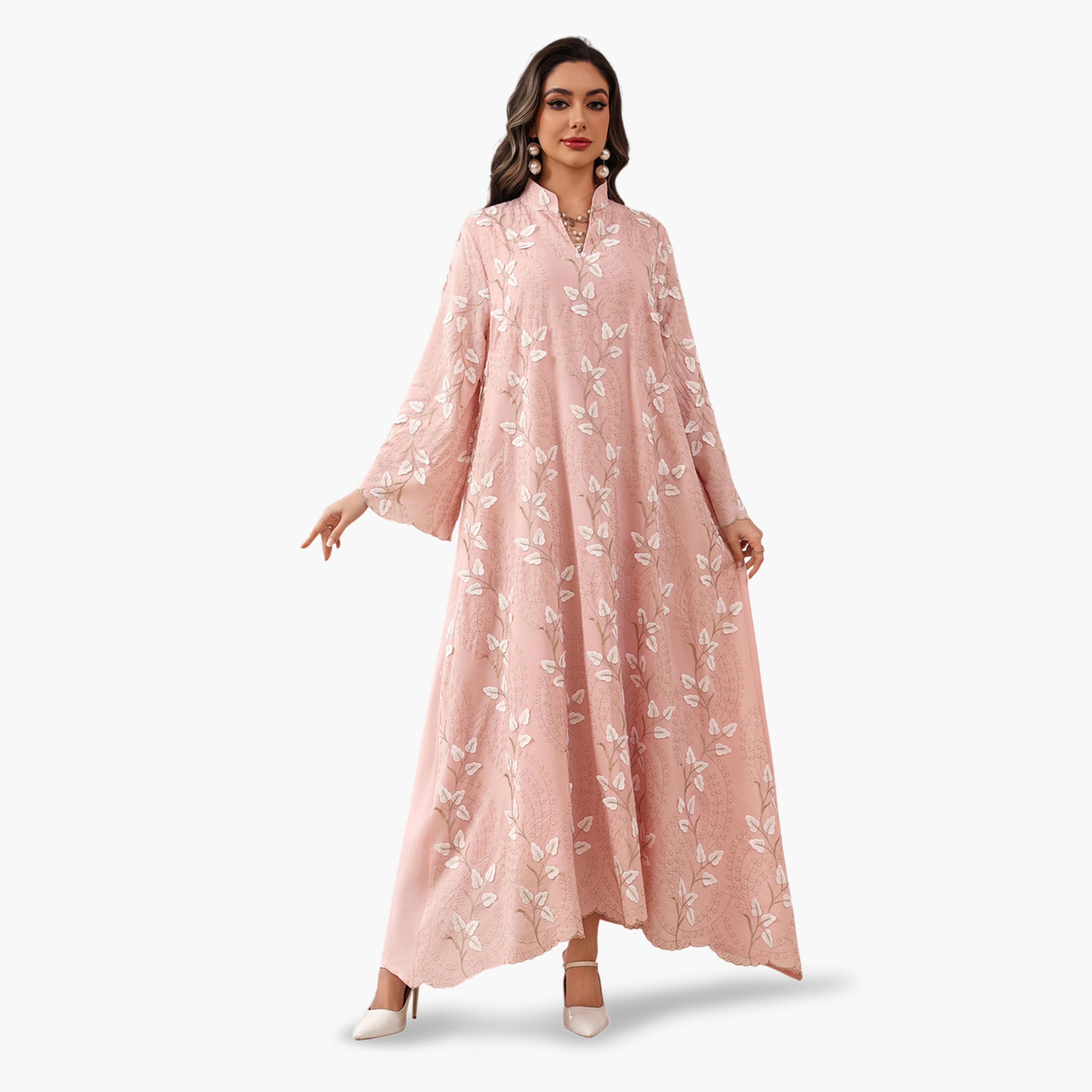 جلابية بحافة واسعة ومطرزة باللون الوردي-women-arabicclothing-jalabiyas-image-1