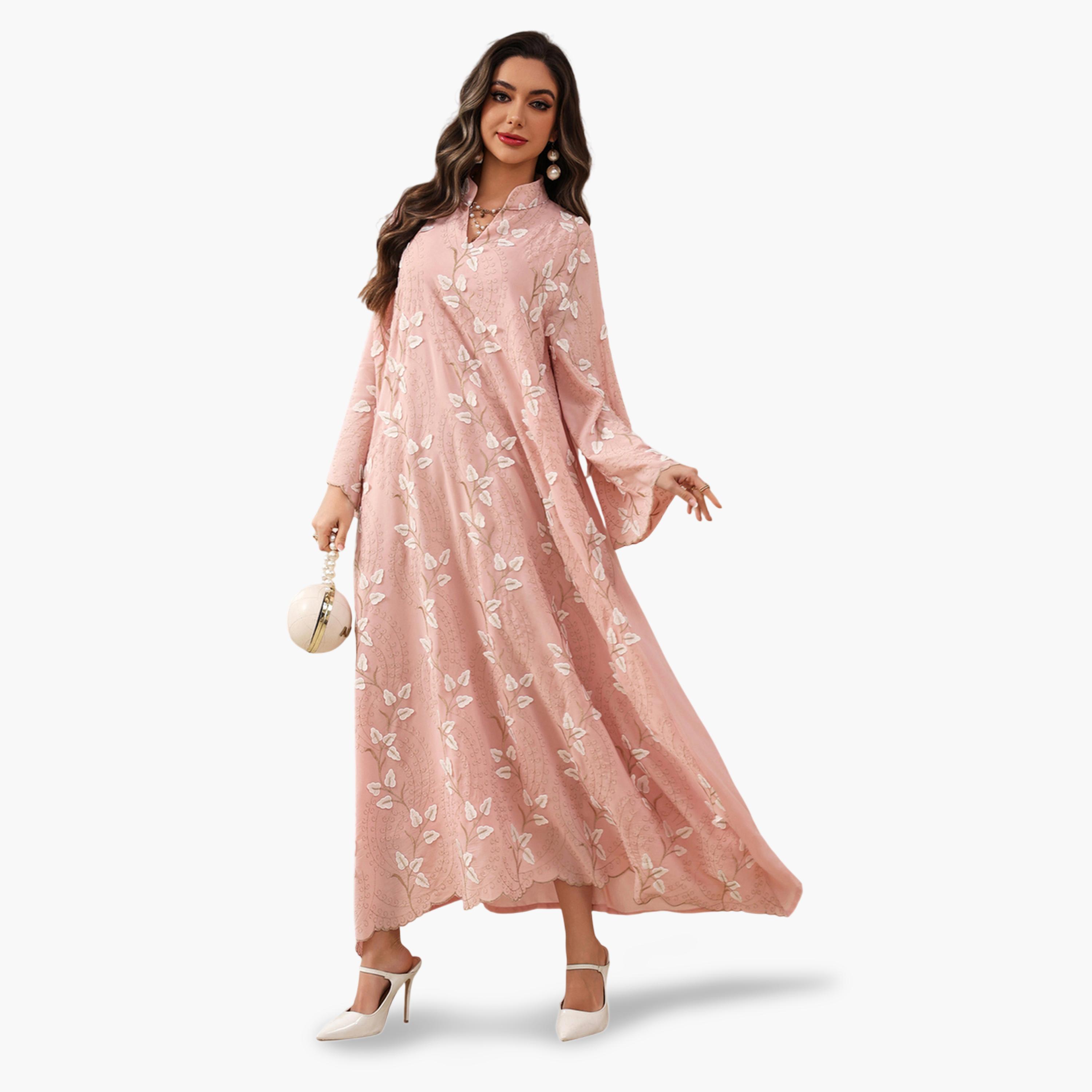 جلابية بحافة واسعة ومطرزة باللون الوردي-women-arabicclothing-jalabiyas-image-5