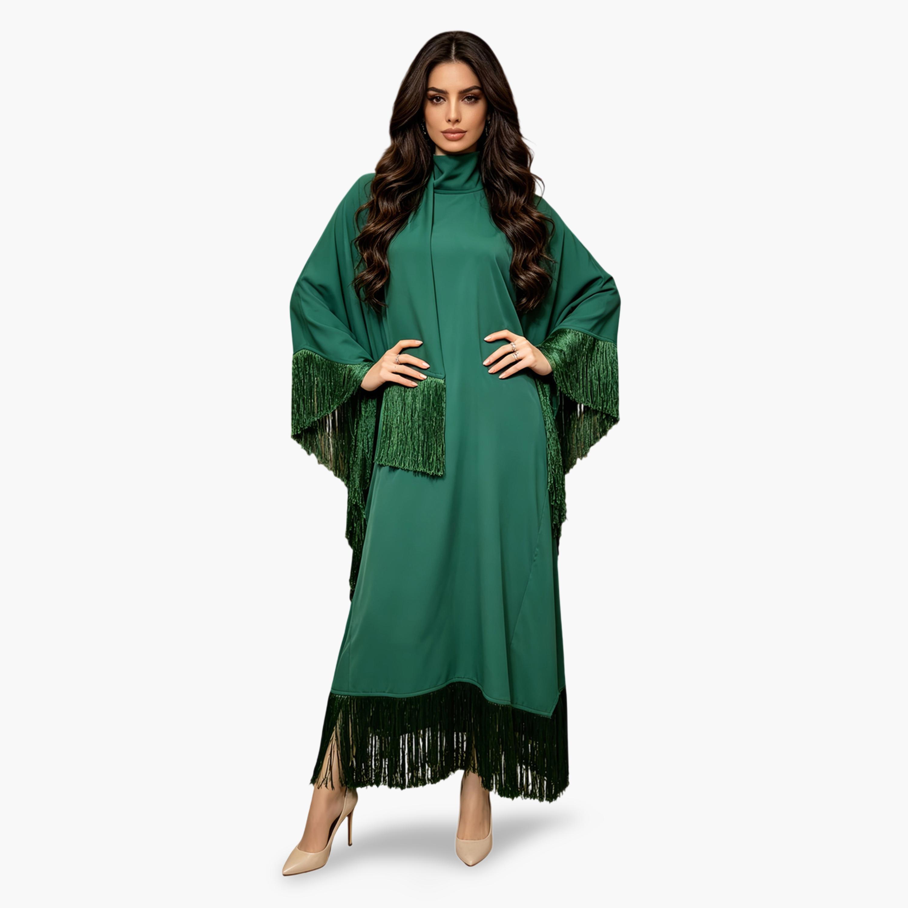 Take Two Emerald Green Plain Jalabiya with Tassel Trim-women-arabicclothing-jalabiyas-image-1
