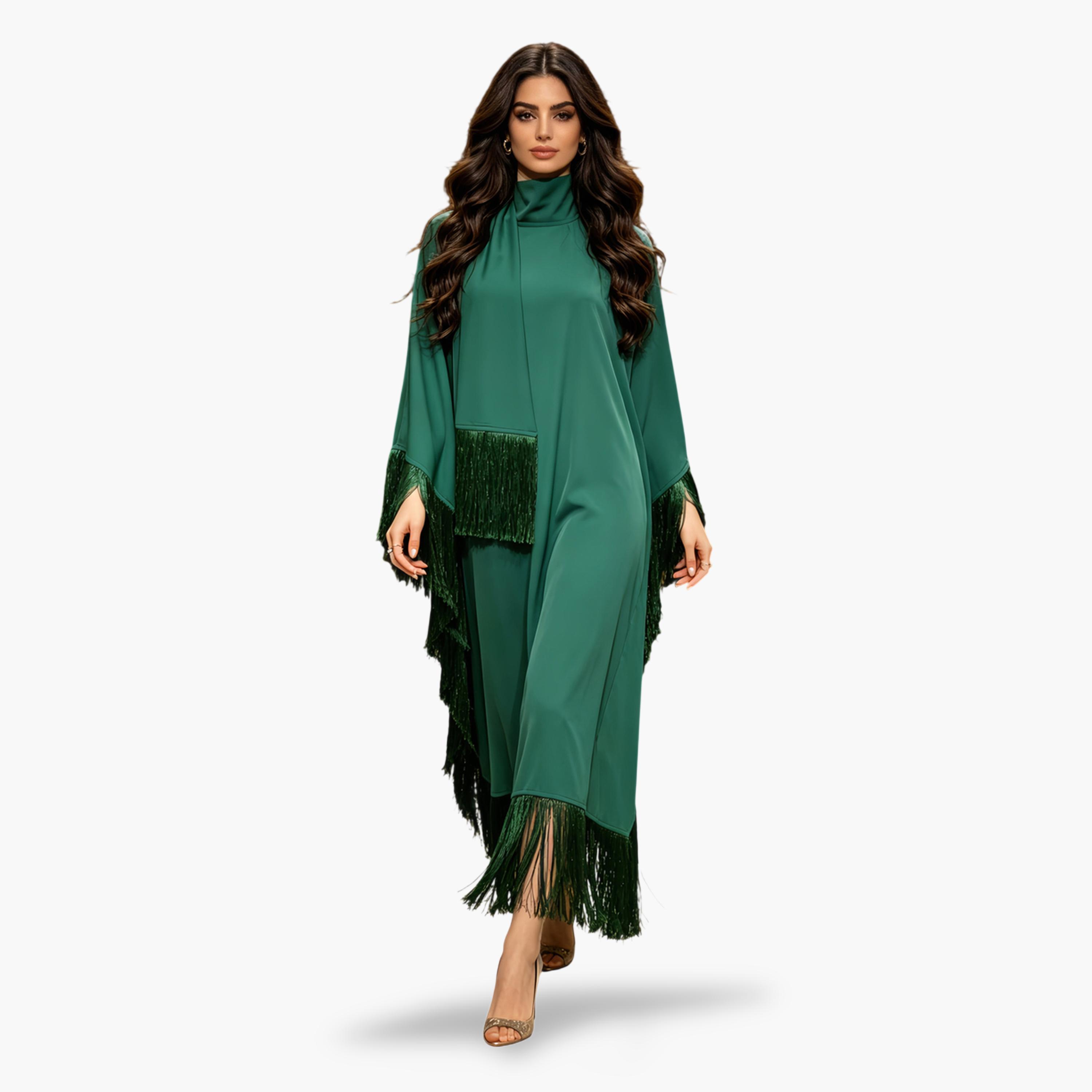 Take Two Emerald Green Plain Jalabiya with Tassel Trim-women-arabicclothing-jalabiyas-image-2