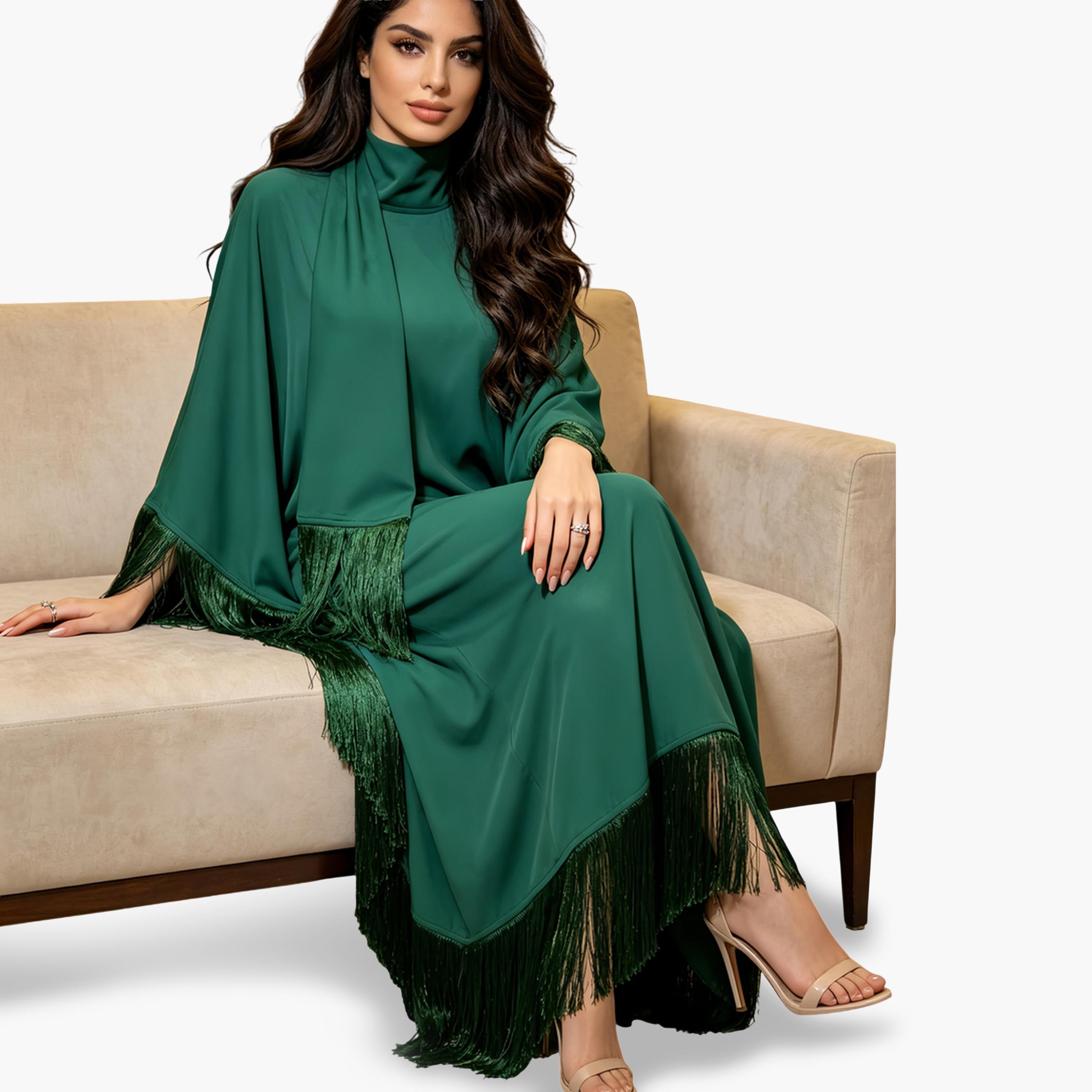 Take Two Emerald Green Plain Jalabiya with Tassel Trim-women-arabicclothing-jalabiyas-image-3