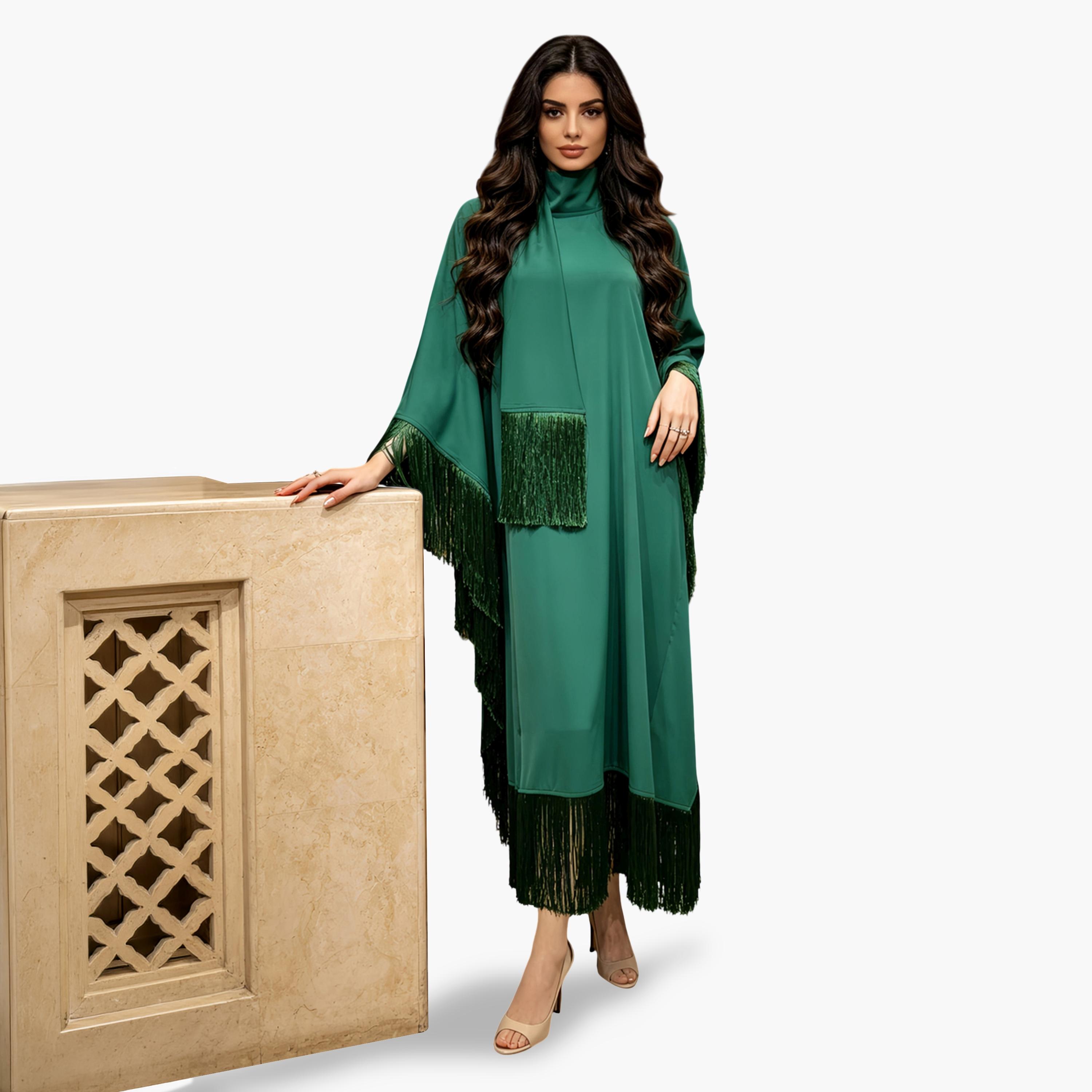 Take Two Emerald Green Plain Jalabiya with Tassel Trim-women-arabicclothing-jalabiyas-image-4