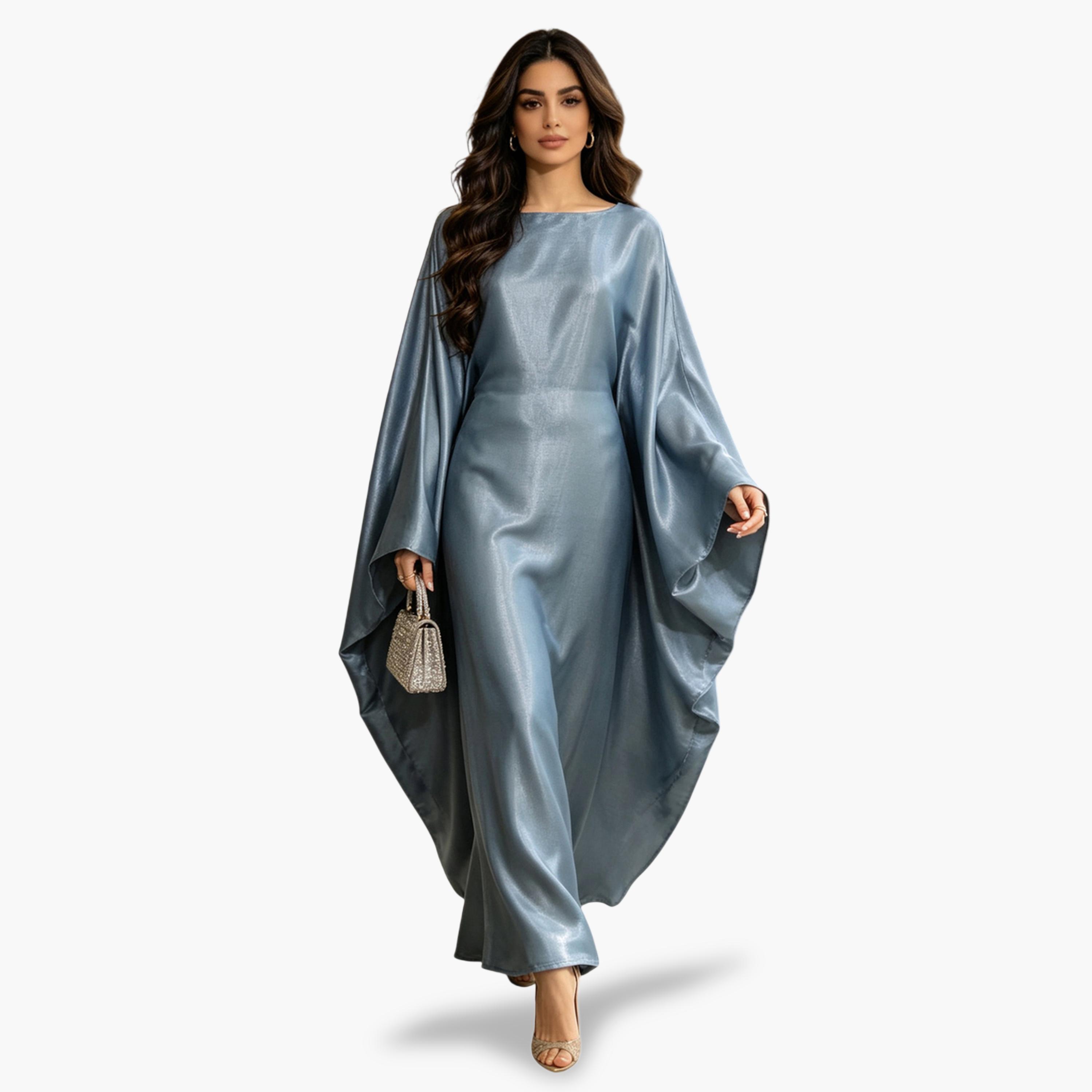قفطان سادة بحافة واسعة وأكمام خفاش باللون الرمادي-women-arabicclothing-kaftan-image-1