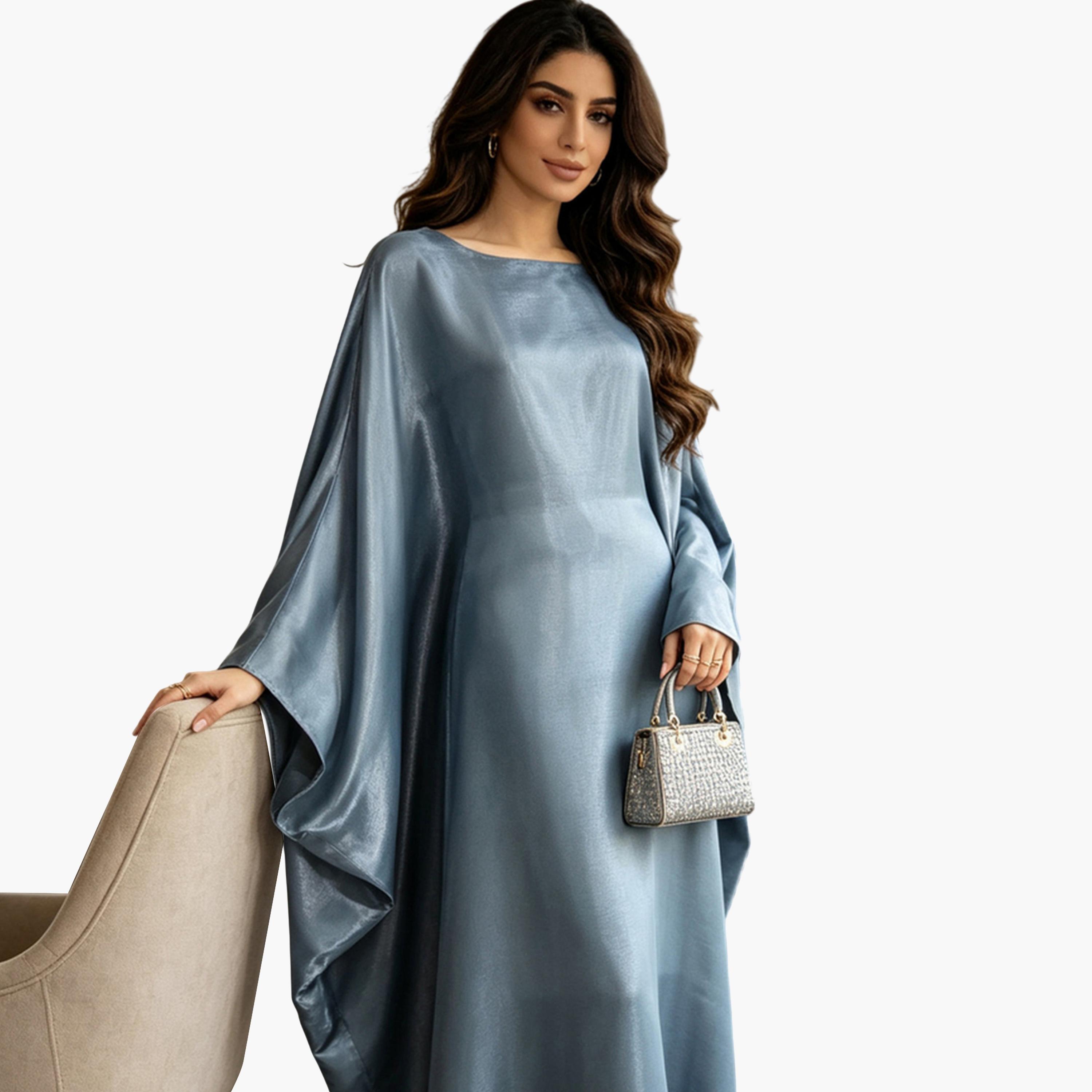 قفطان سادة بحافة واسعة وأكمام خفاش باللون الرمادي-women-arabicclothing-kaftan-image-2