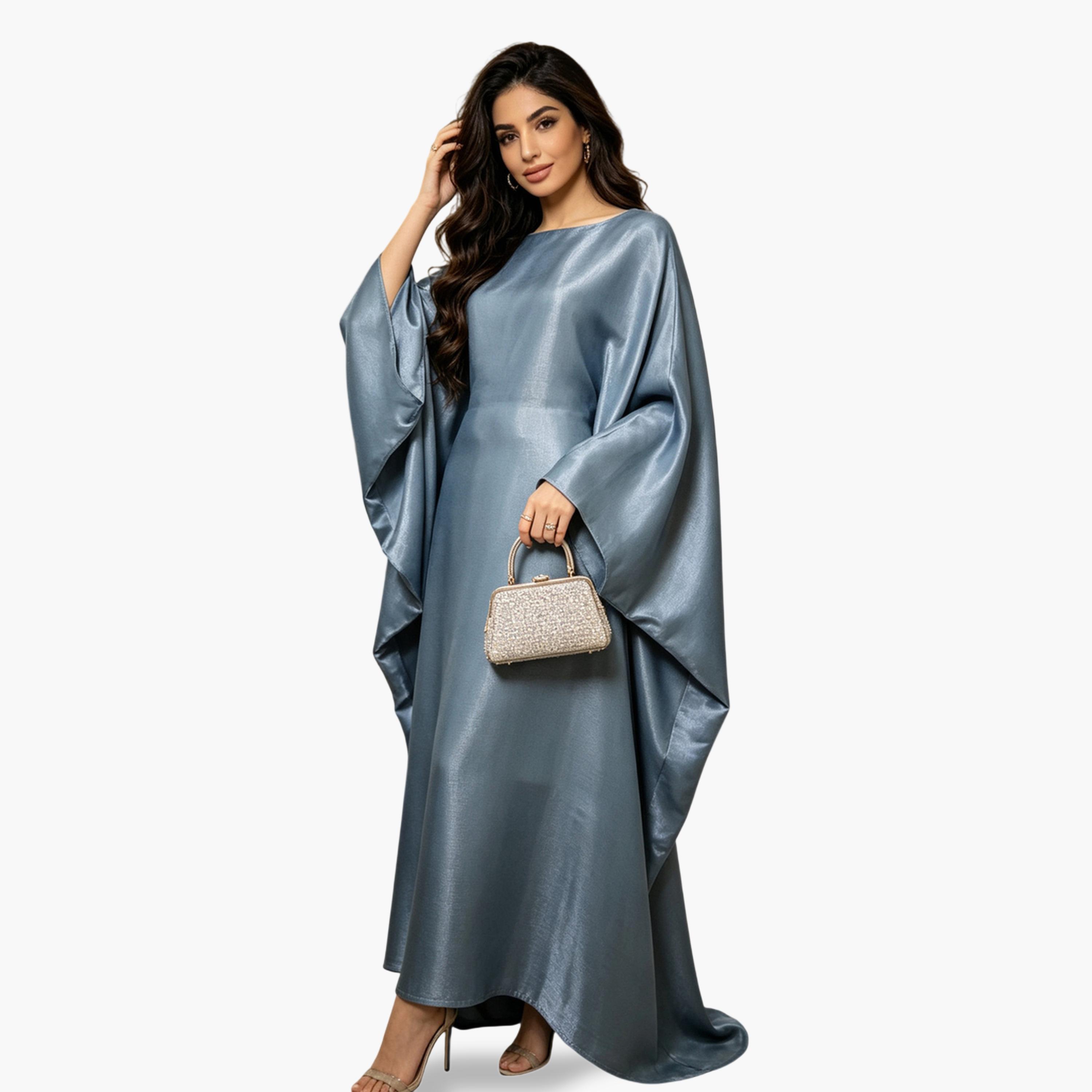 قفطان سادة بحافة واسعة وأكمام خفاش باللون الرمادي-women-arabicclothing-kaftan-image-4