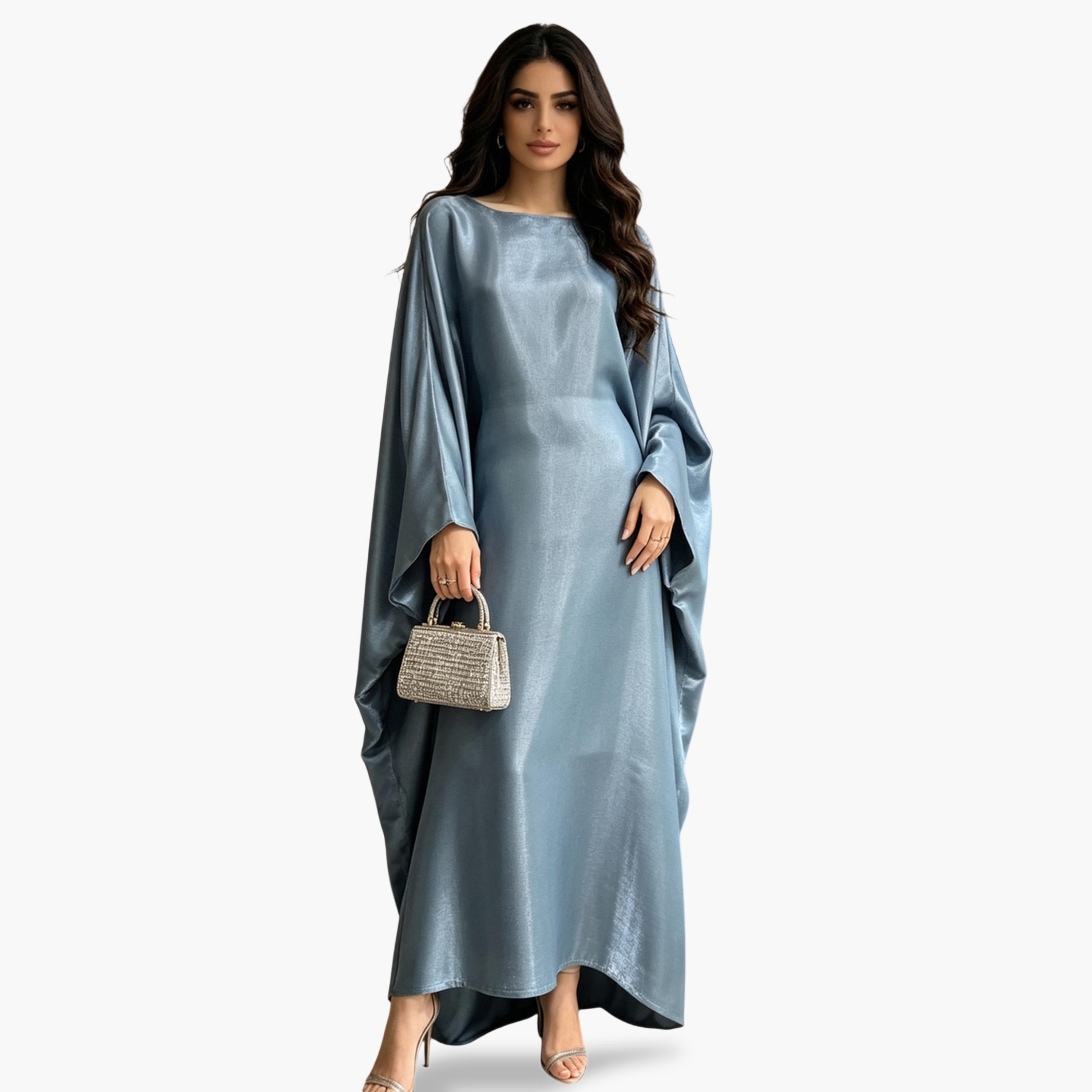 قفطان سادة بحافة واسعة وأكمام خفاش باللون الرمادي-women-arabicclothing-kaftan-image-5