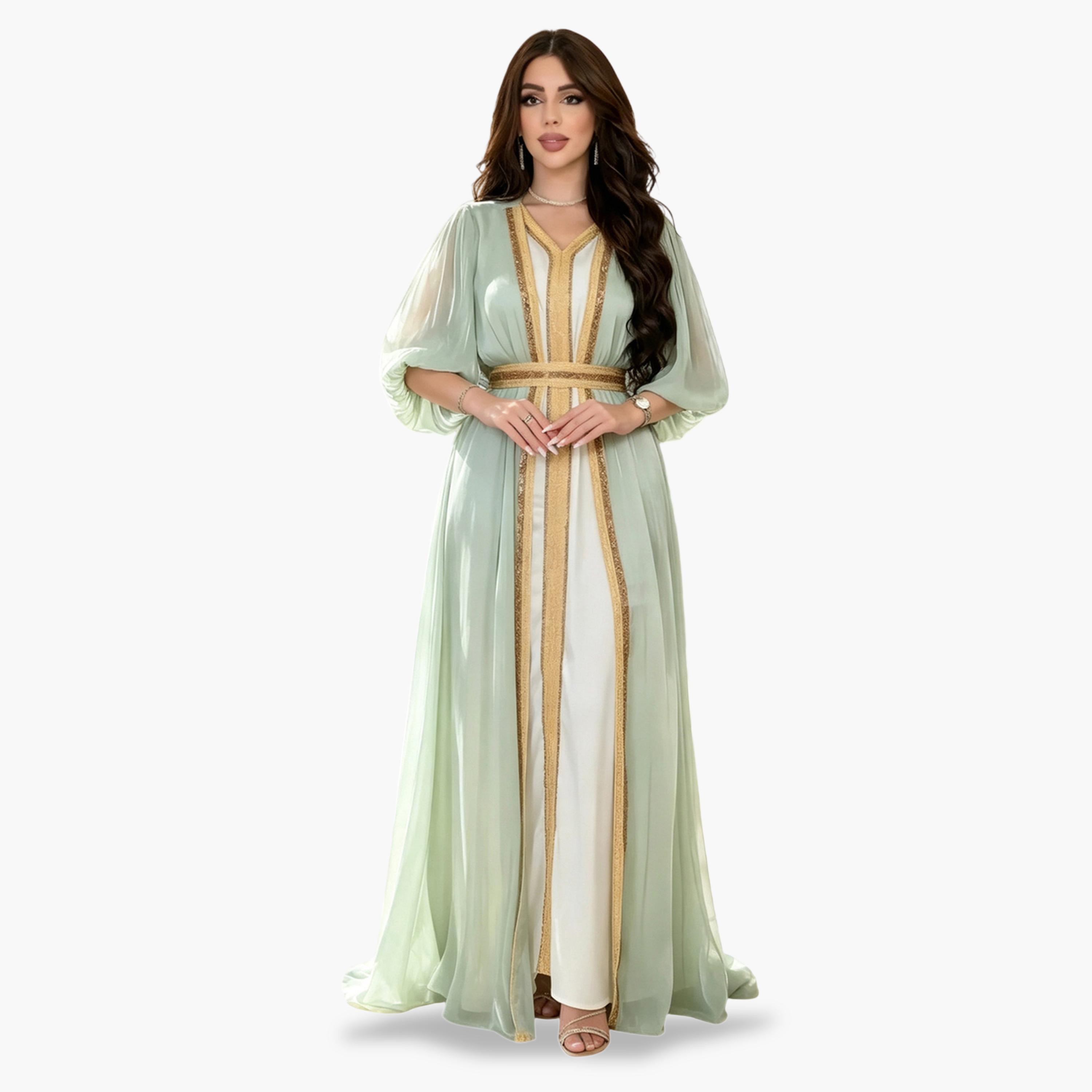 طقم منسق من فستان وكيمونو ومزين أنيق باللون الأخضر-women-arabicclothing-sets-image-1