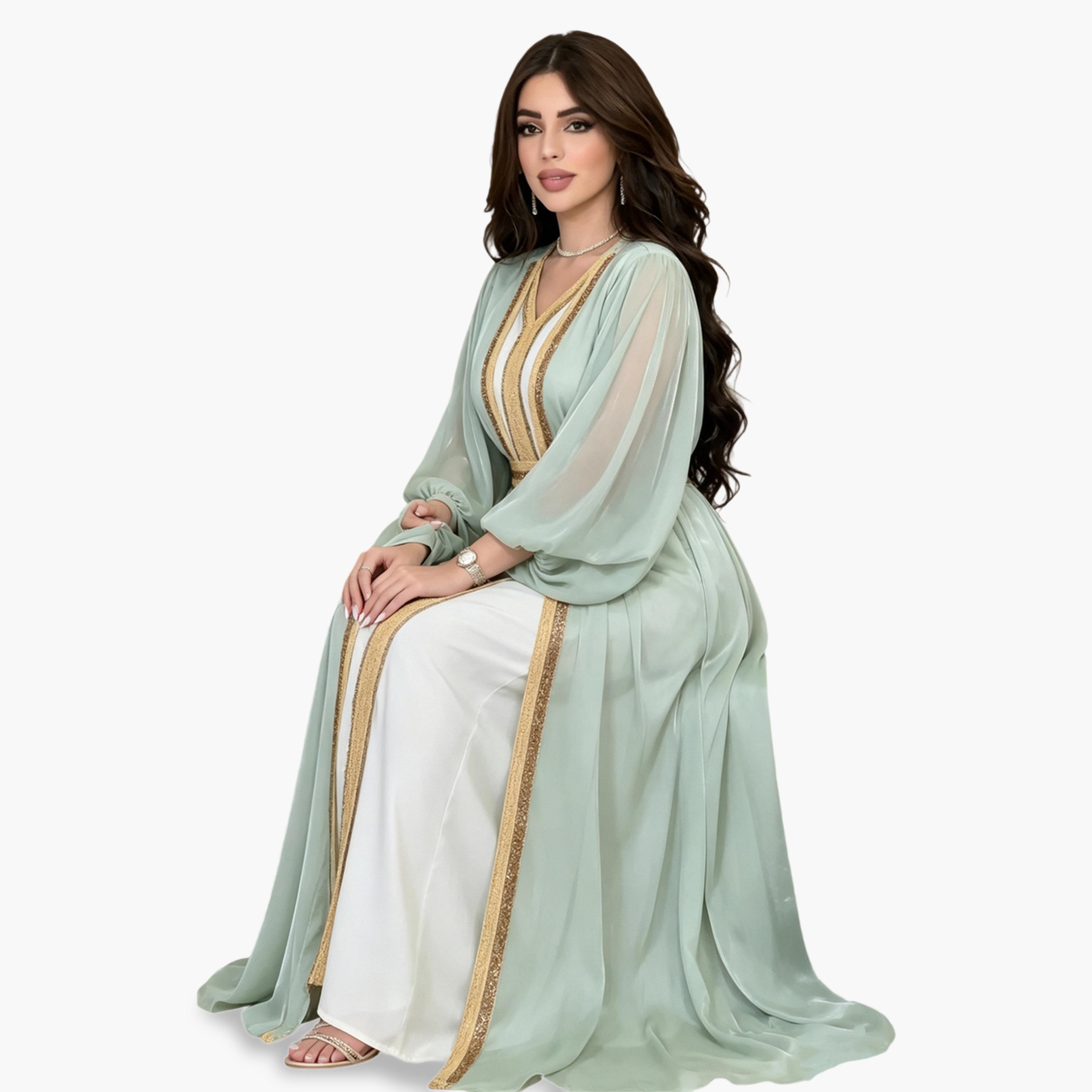 طقم منسق من فستان وكيمونو ومزين أنيق باللون الأخضر-women-arabicclothing-sets-image-2