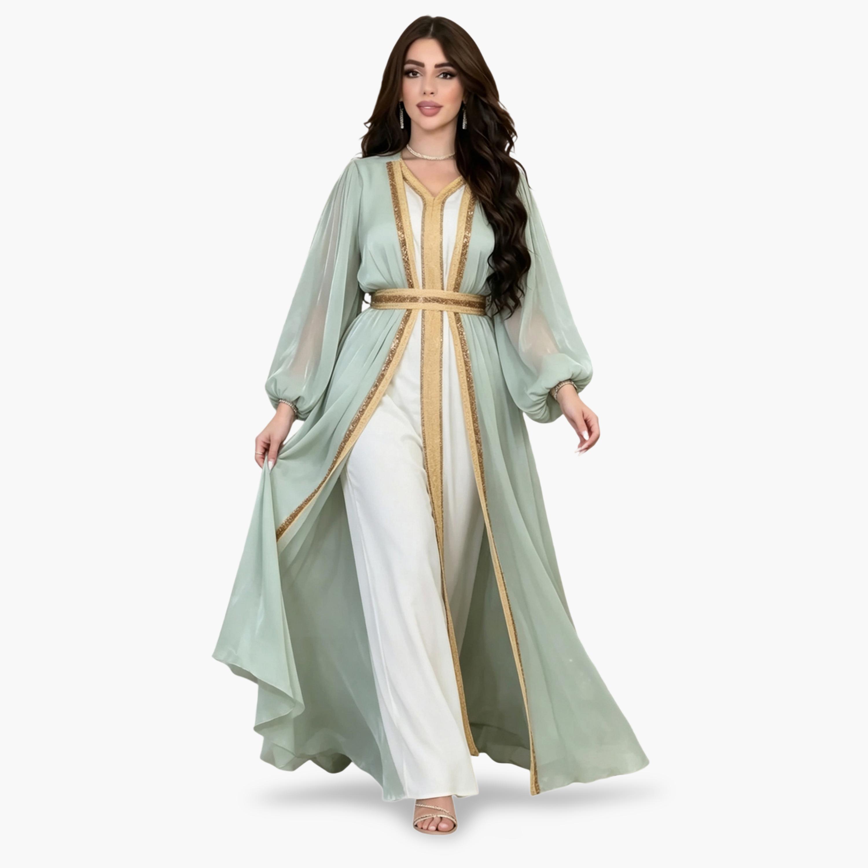 طقم منسق من فستان وكيمونو ومزين أنيق باللون الأخضر-women-arabicclothing-sets-image-3