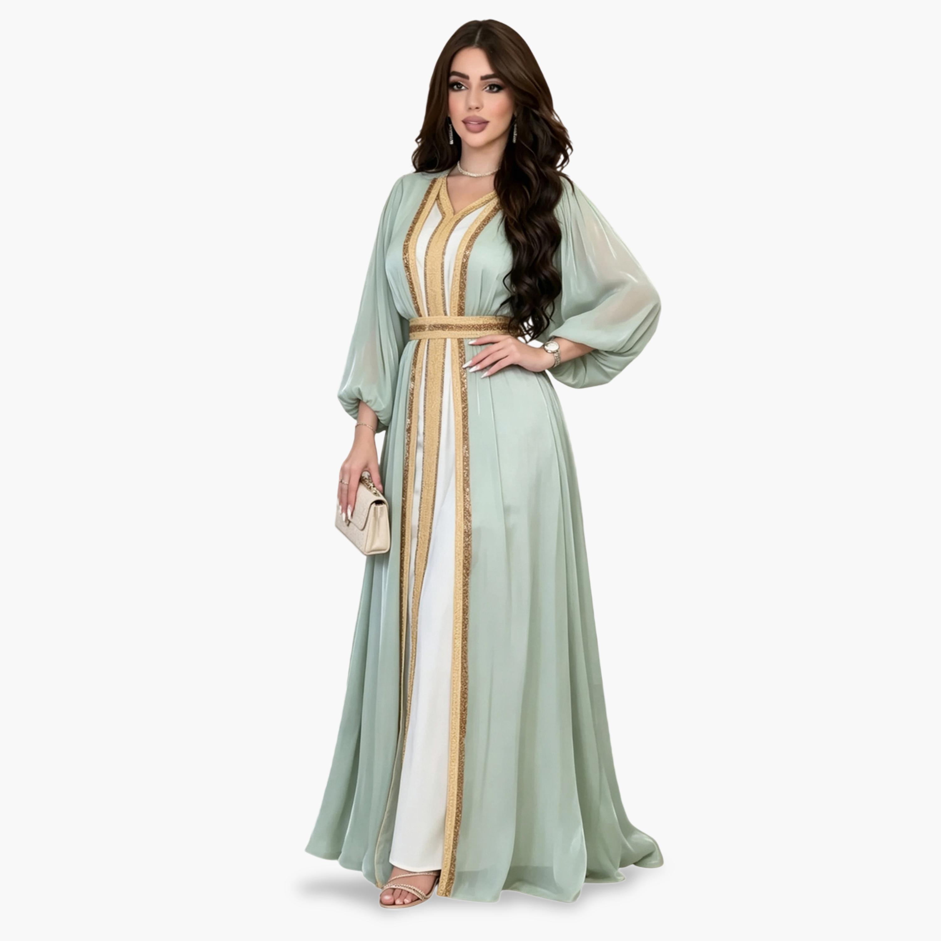 طقم منسق من فستان وكيمونو ومزين أنيق باللون الأخضر-women-arabicclothing-sets-image-4