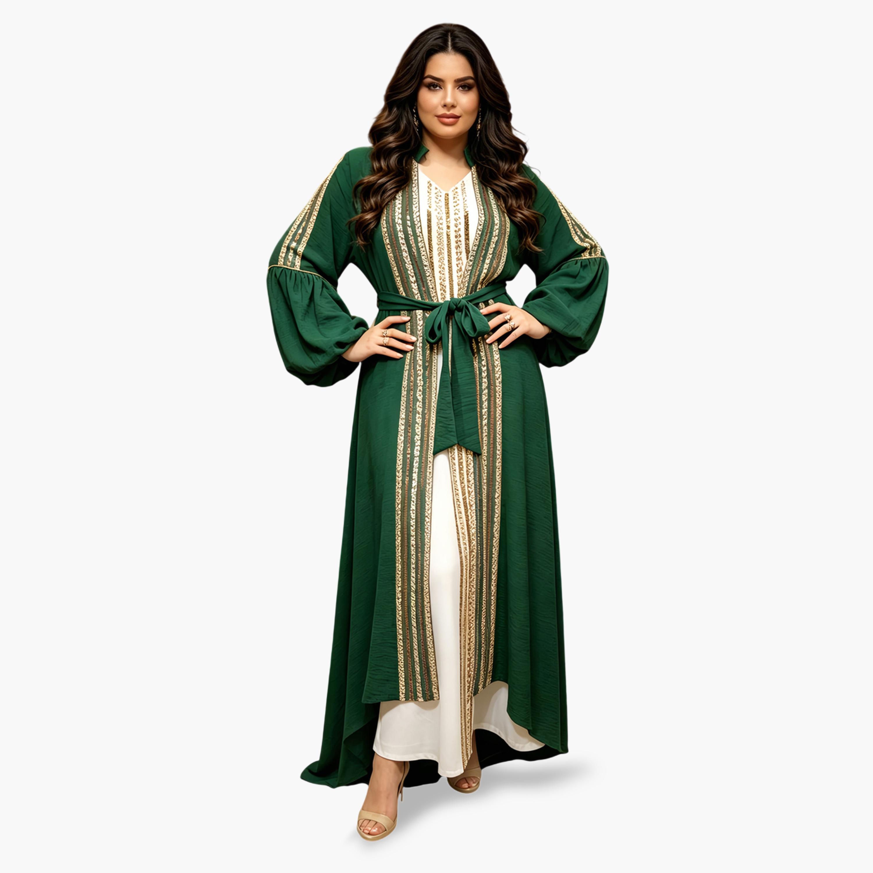 Take Two Emerald Embellished Sequin Dress and Abaya Set-women-arabicclothing-sets-image-1