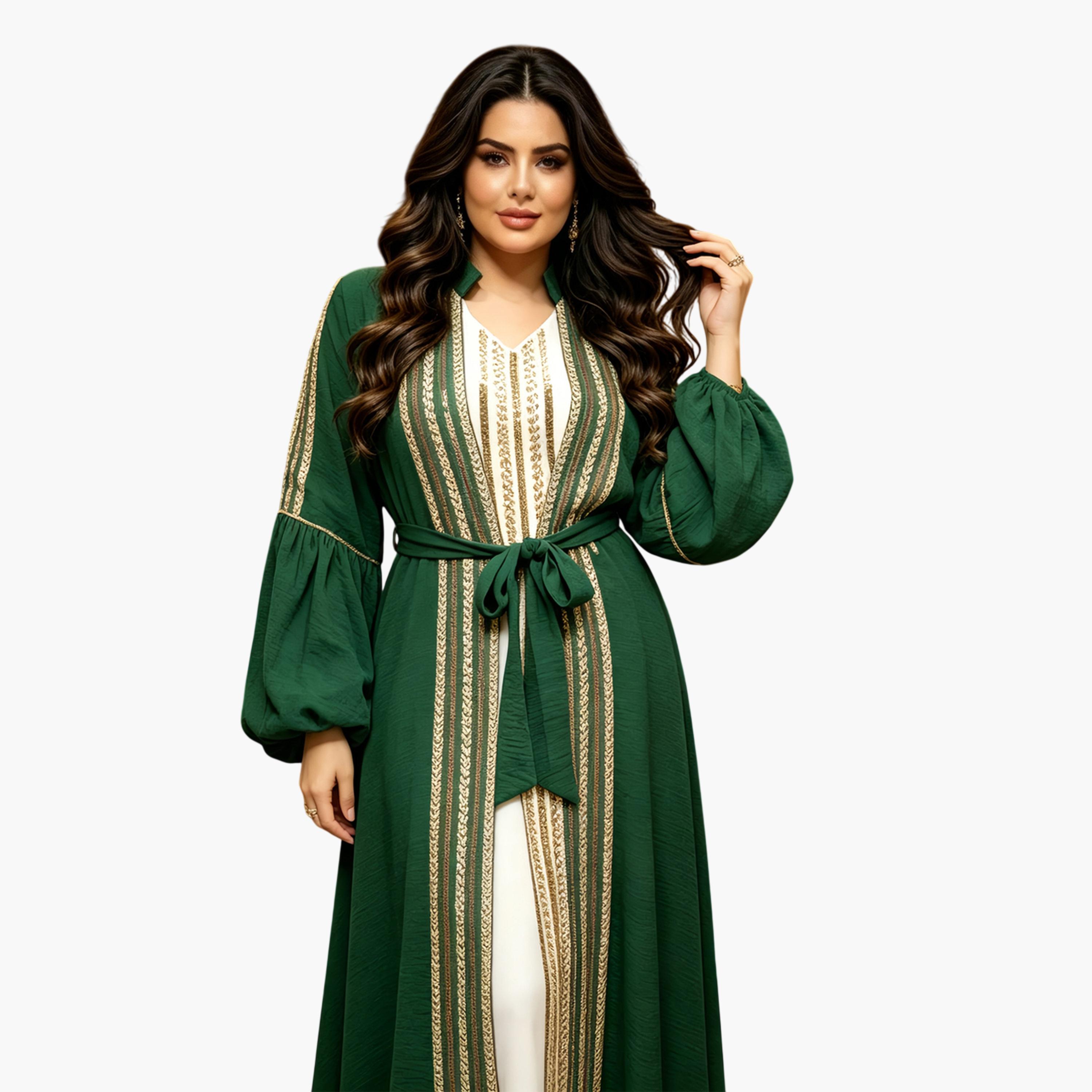 Take Two Emerald Embellished Sequin Dress and Abaya Set-women-arabicclothing-sets-image-3