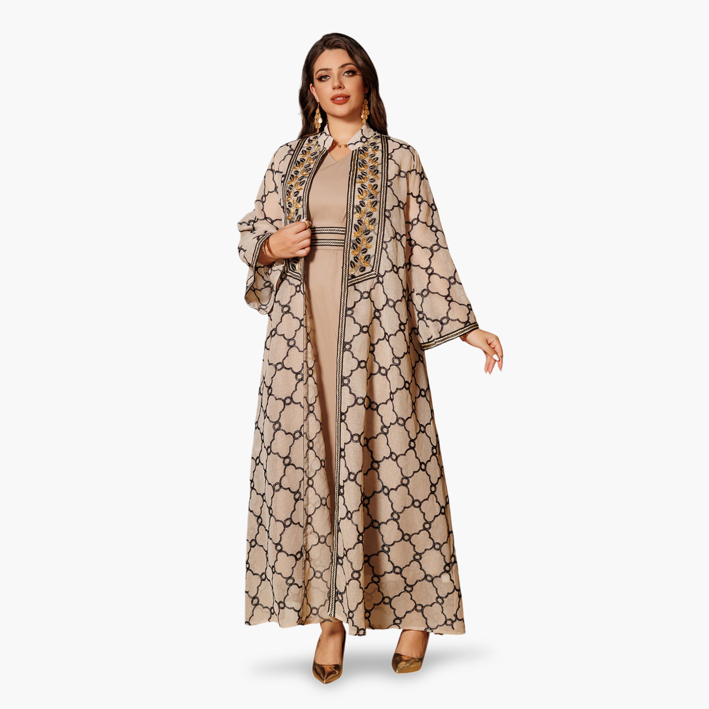 طقم منسق من عباية وفستان بطبعة كاملة باللون الكاكي-women-arabicclothing-sets-image-1