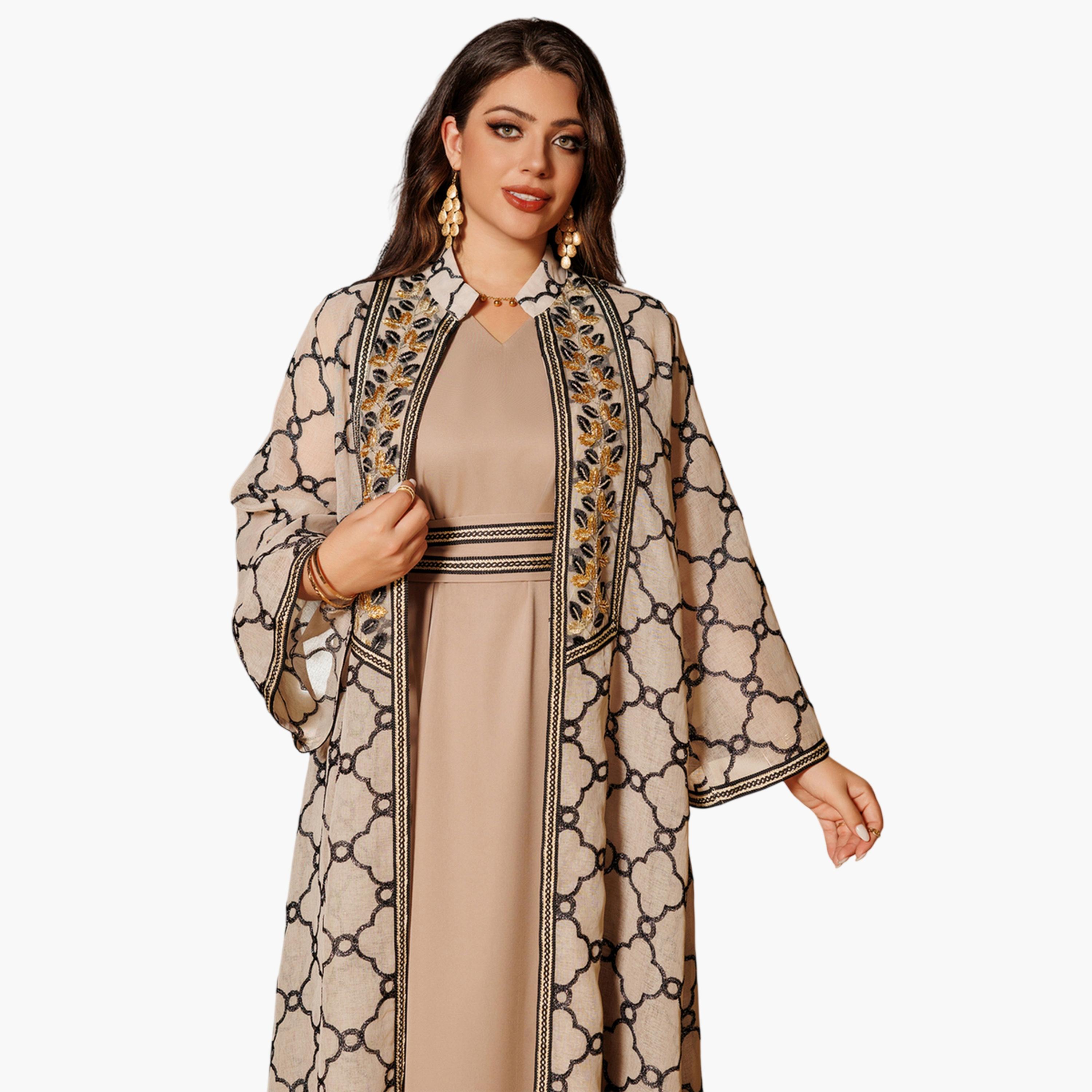 طقم منسق من عباية وفستان بطبعة كاملة باللون الكاكي-women-arabicclothing-sets-image-2