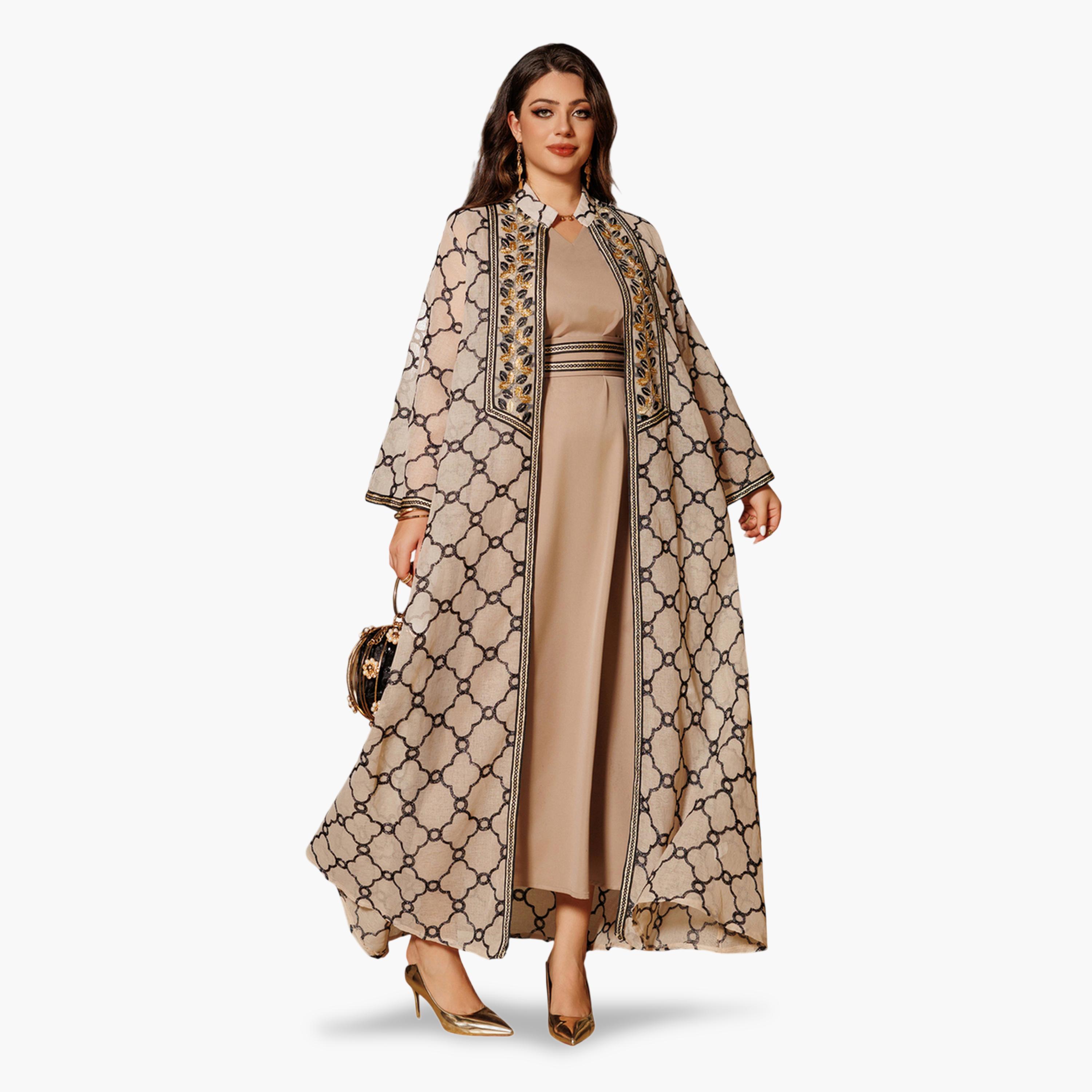 طقم منسق من عباية وفستان بطبعة كاملة باللون الكاكي-women-arabicclothing-sets-image-3