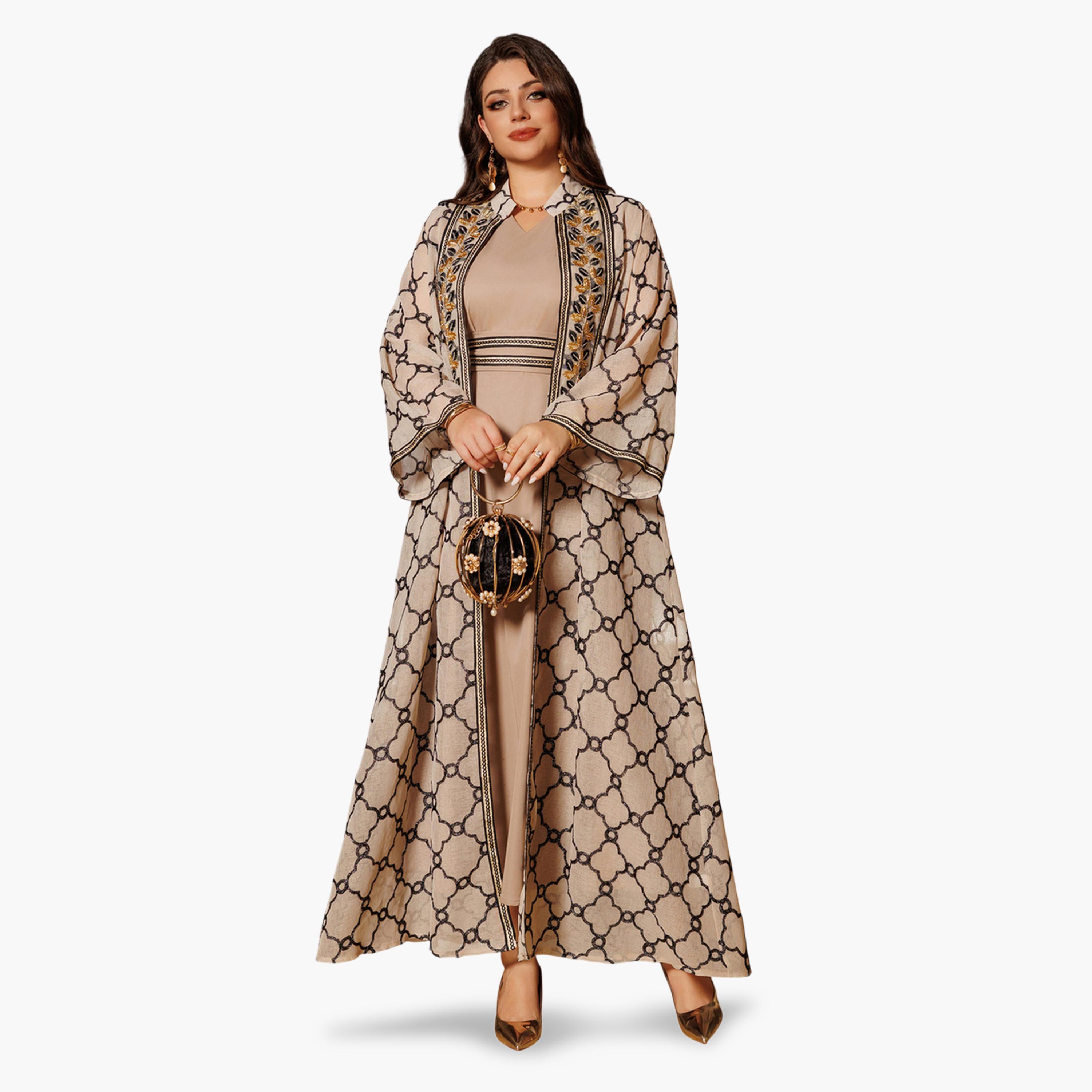 طقم منسق من عباية وفستان بطبعة كاملة باللون الكاكي-women-arabicclothing-sets-image-4