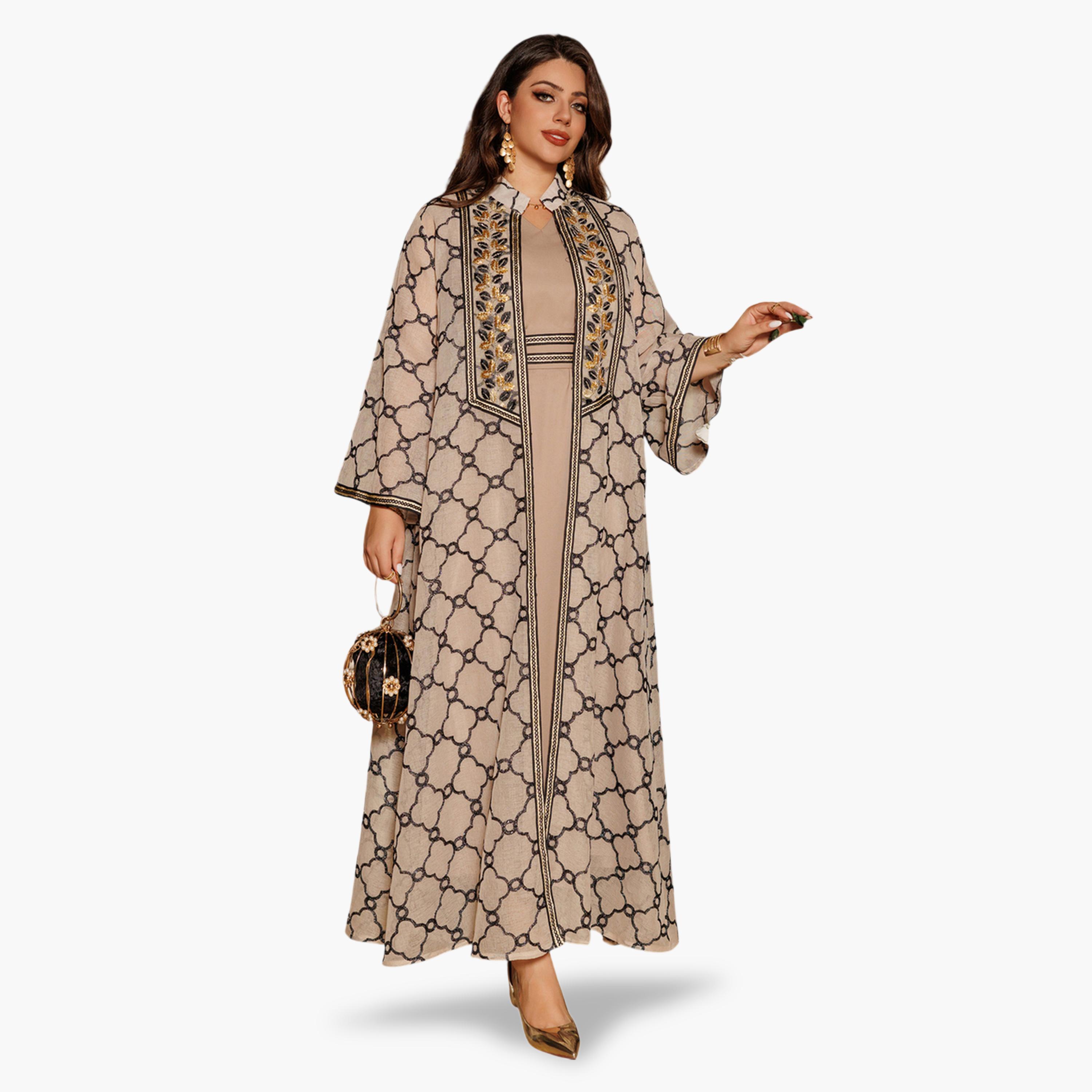 طقم منسق من عباية وفستان بطبعة كاملة باللون الكاكي-women-arabicclothing-sets-image-5