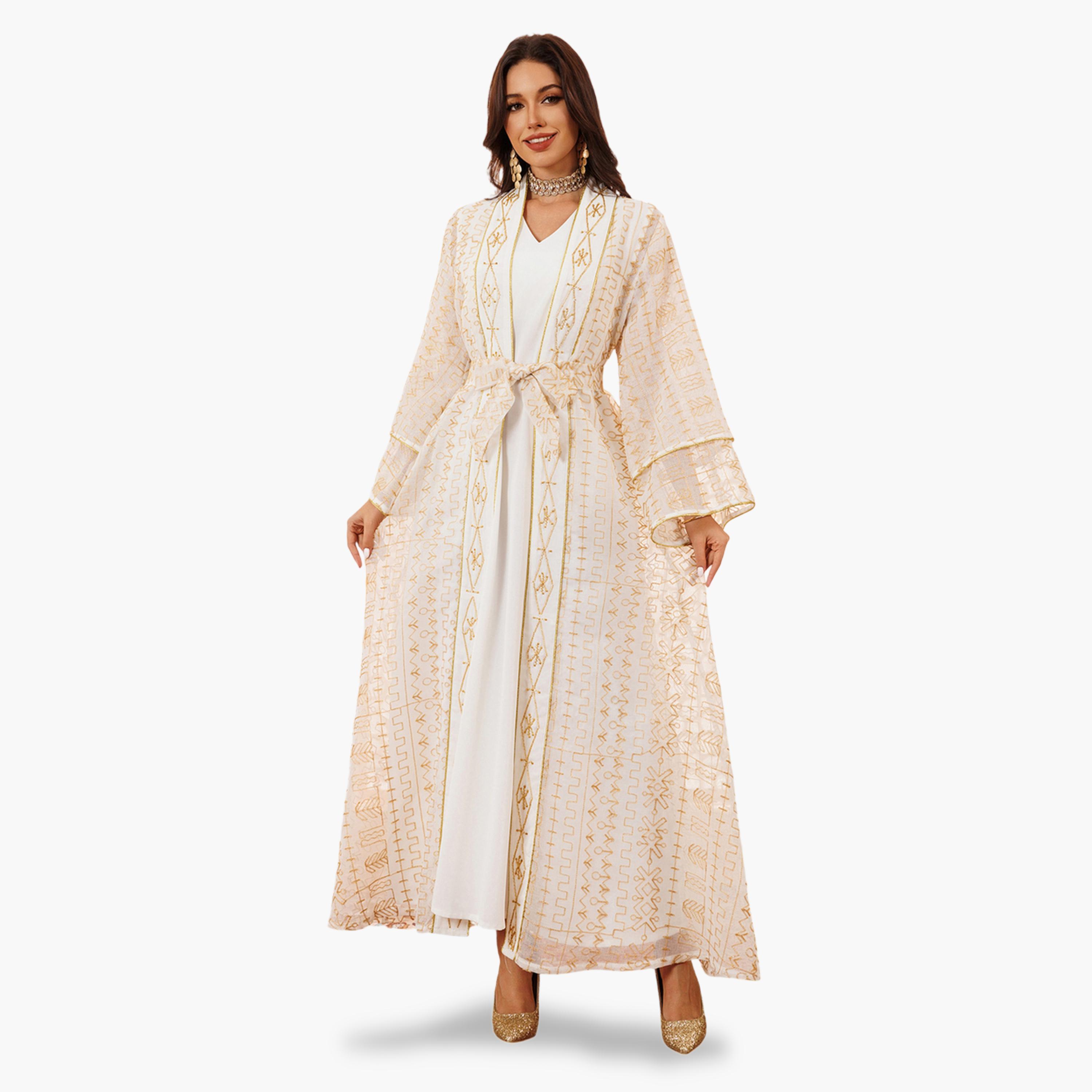 طقم منسق من عباية وفستان مطرز باللون الأبيض-women-arabicclothing-sets-image-1