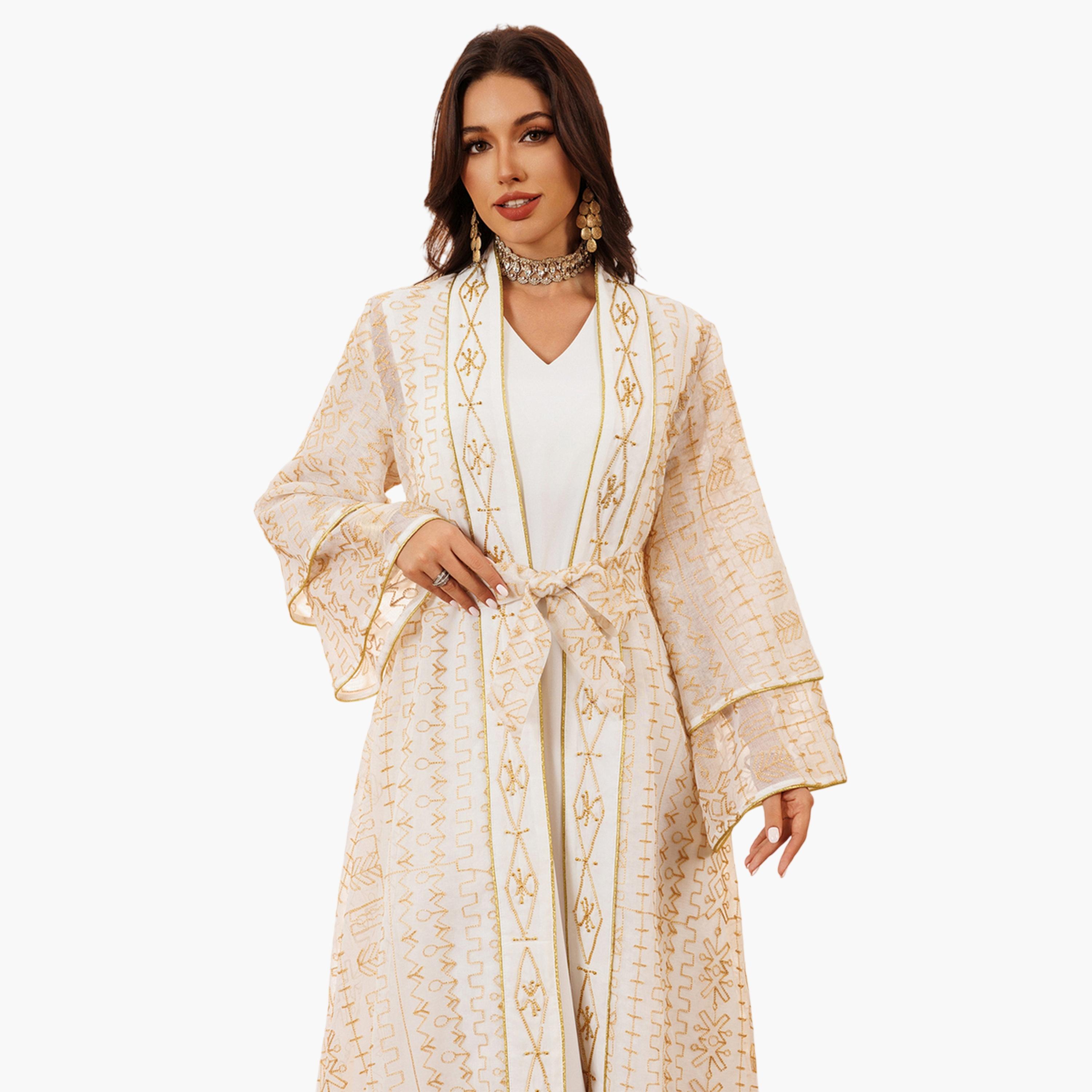 طقم منسق من عباية وفستان مطرز باللون الأبيض-women-arabicclothing-sets-image-2