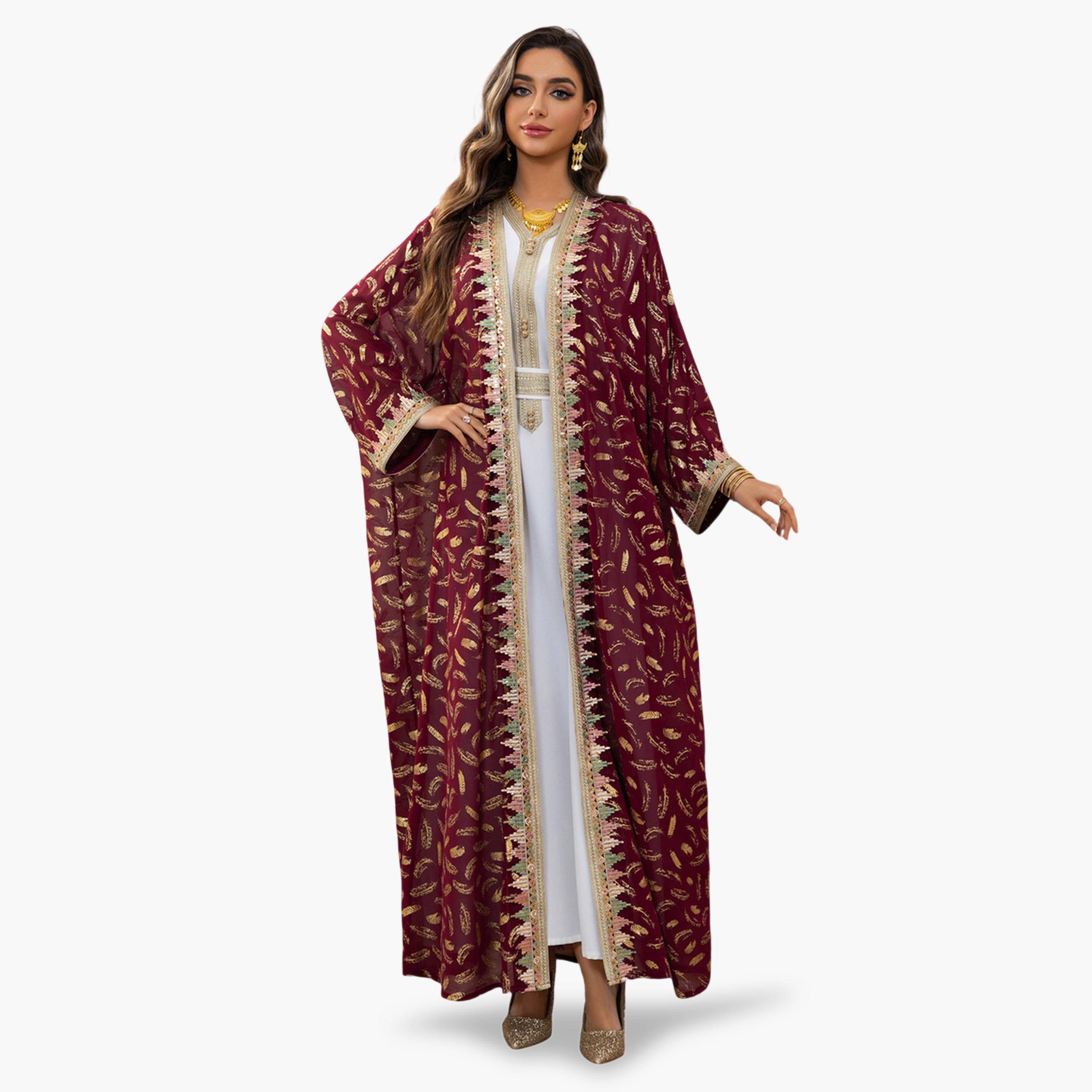 طقم منسق من عباية وفستان بطبعة فويلي باللون البرغندي-women-arabicclothing-sets-image-1
