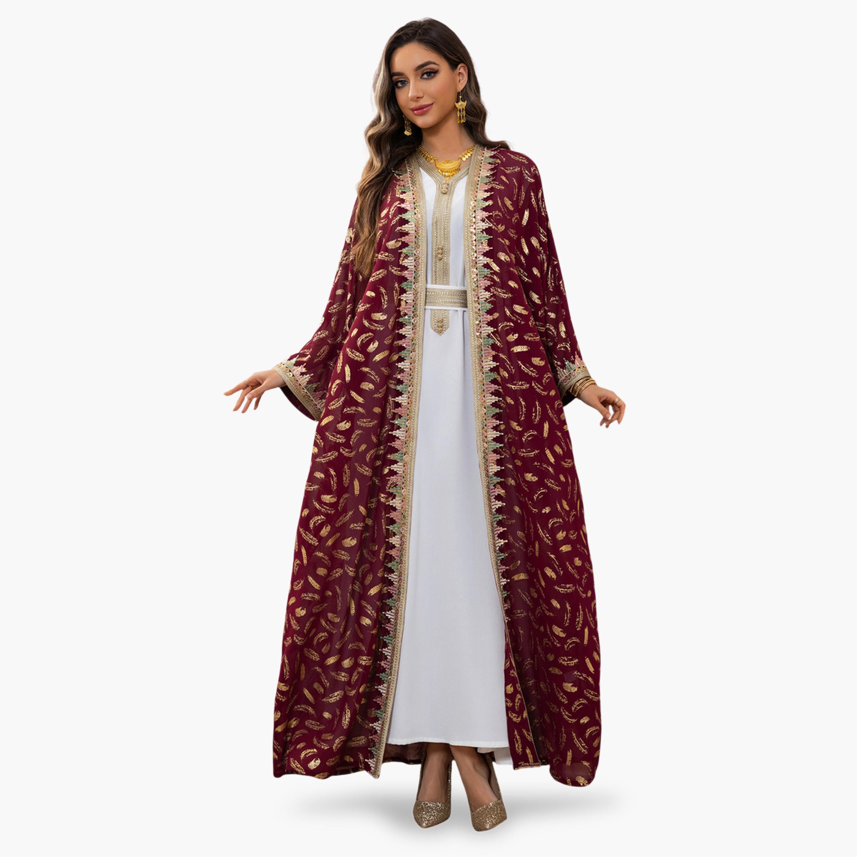 طقم منسق من عباية وفستان بطبعة فويلي باللون البرغندي-women-arabicclothing-sets-image-2