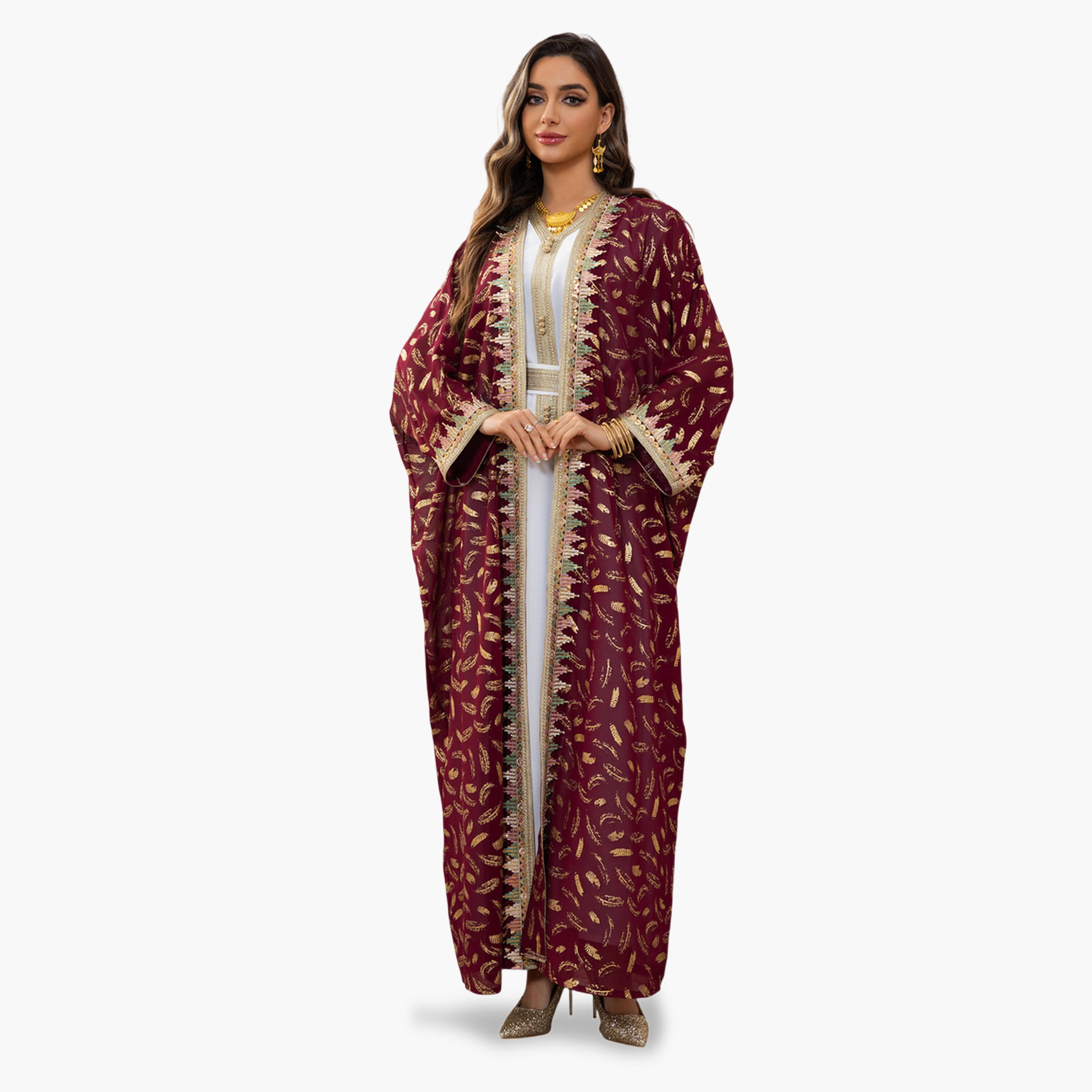 طقم منسق من عباية وفستان بطبعة فويلي باللون البرغندي-women-arabicclothing-sets-image-3