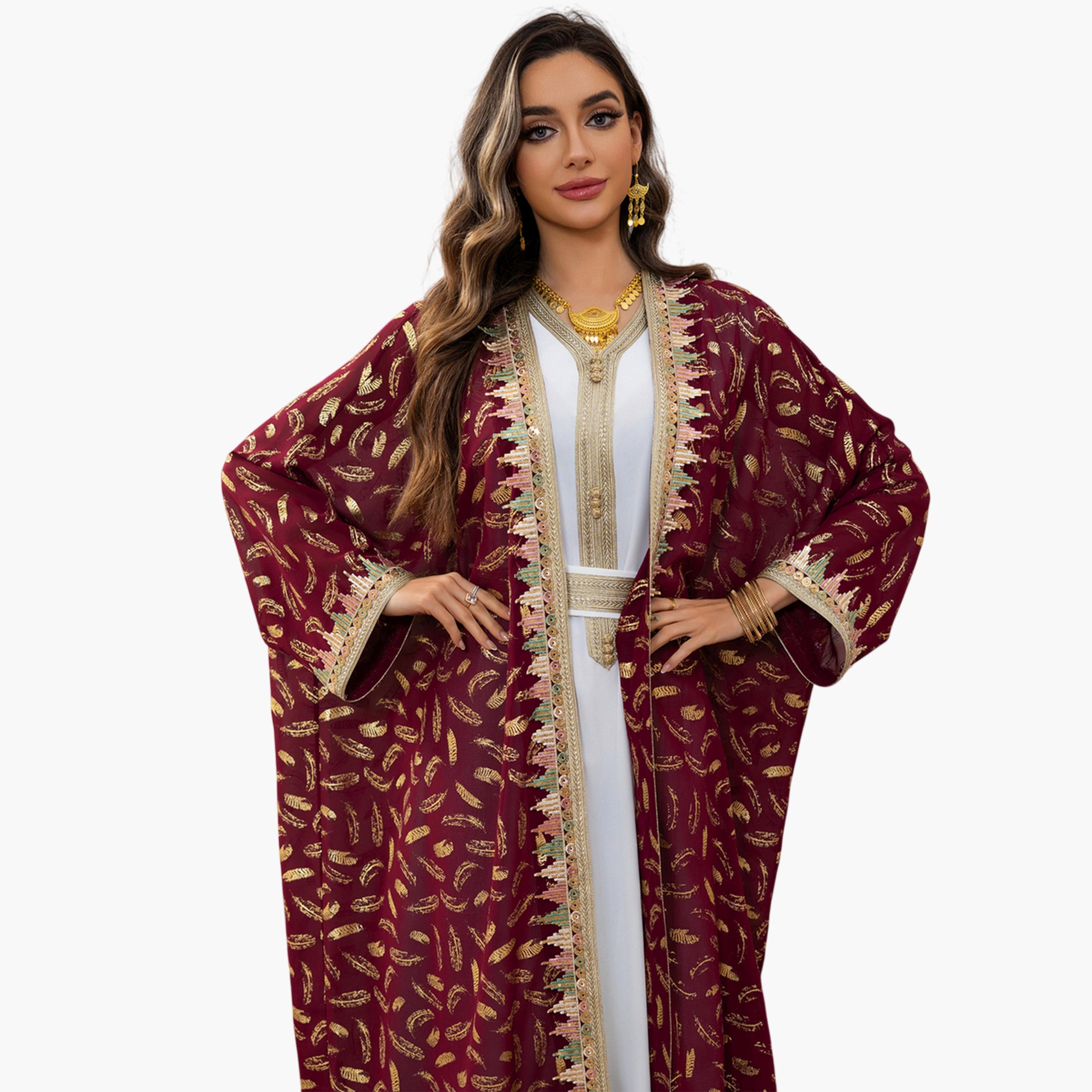 طقم منسق من عباية وفستان بطبعة فويلي باللون البرغندي-women-arabicclothing-sets-image-4