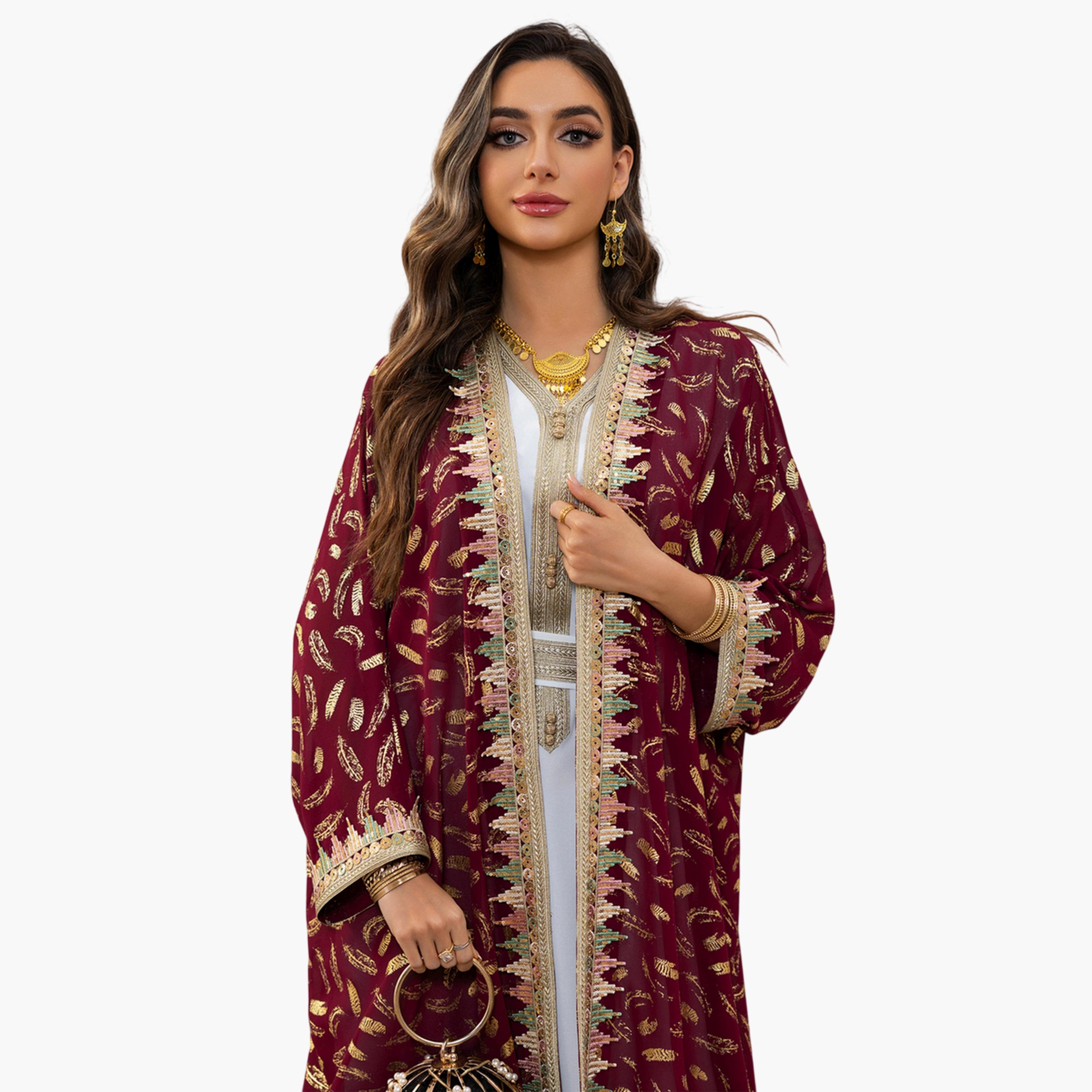 طقم منسق من عباية وفستان بطبعة فويلي باللون البرغندي-women-arabicclothing-sets-image-5