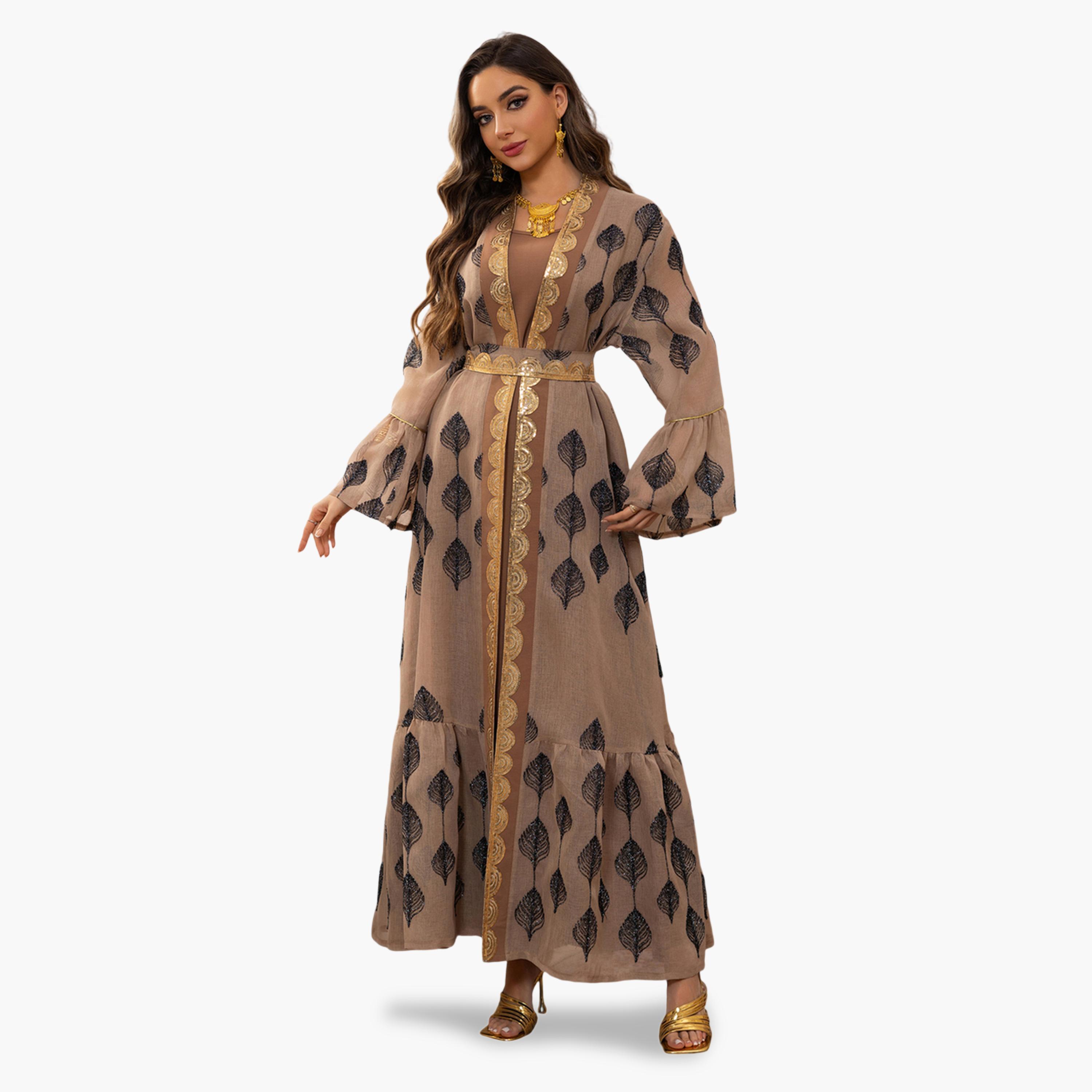 طقم منسق من عباية وفستان بطبعة وتفاصيل ترتر باللون الكاكي-women-arabicclothing-sets-image-1