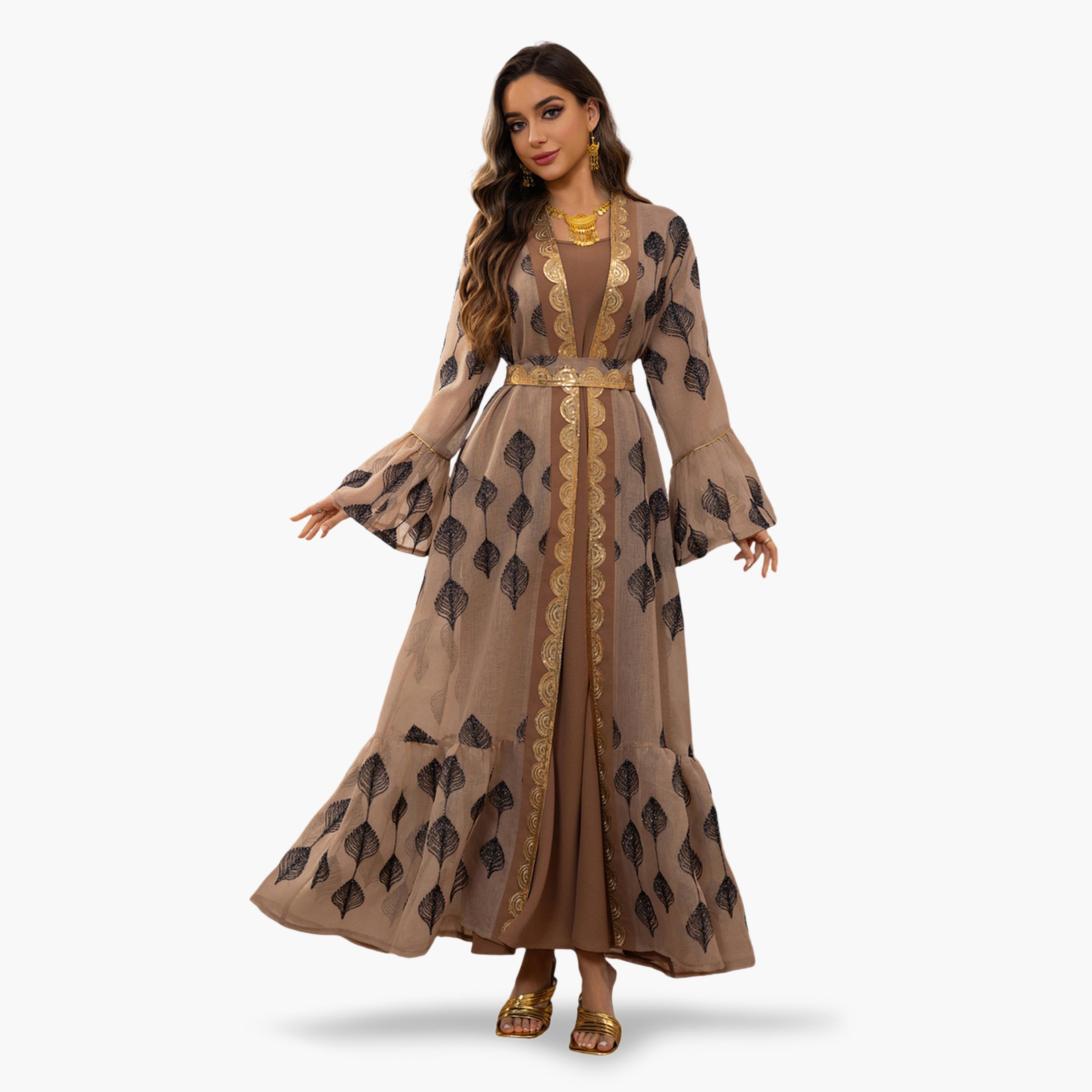 طقم منسق من عباية وفستان بطبعة وتفاصيل ترتر باللون الكاكي-women-arabicclothing-sets-image-2